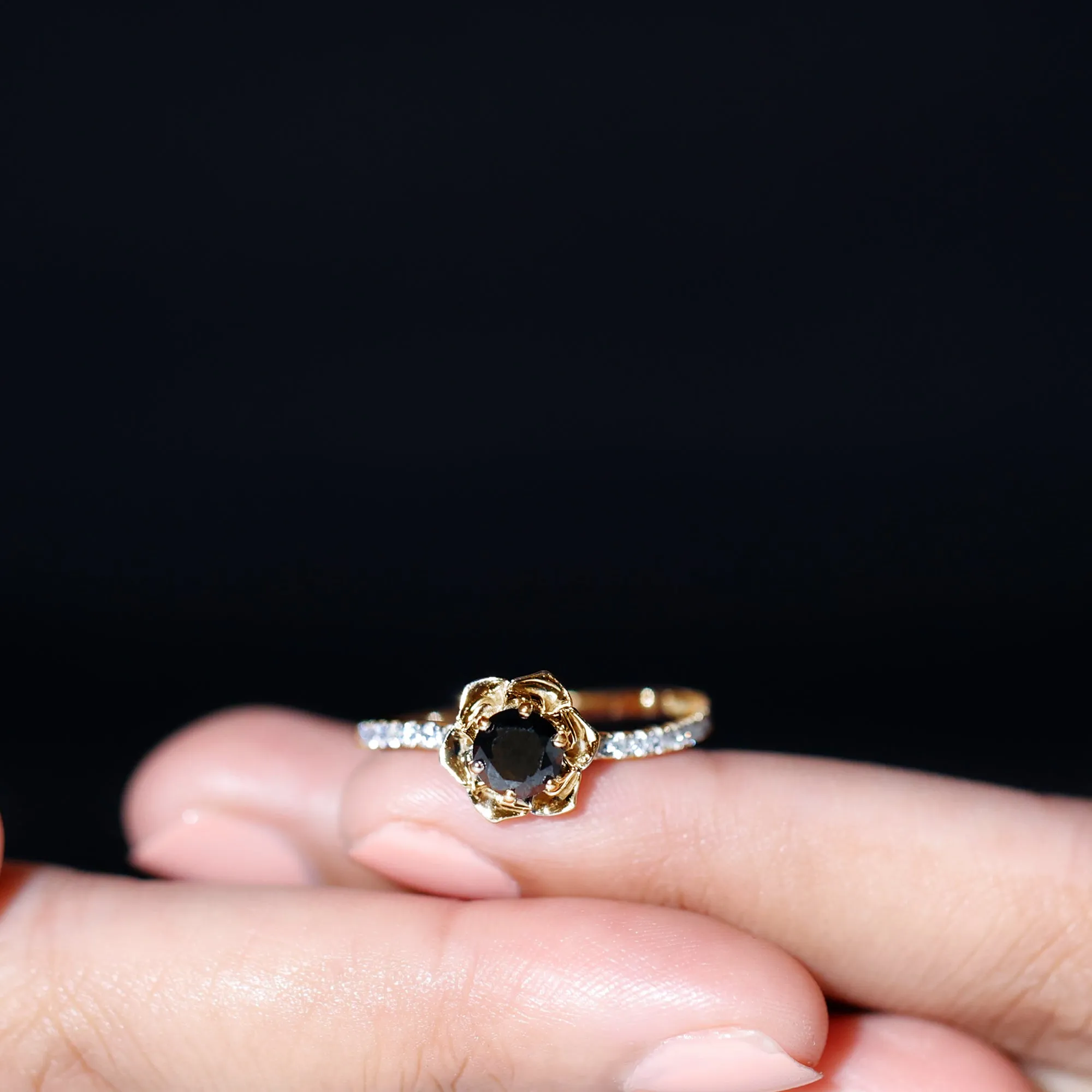 Real Black Diamond and Diamond Flower Engagement Ring