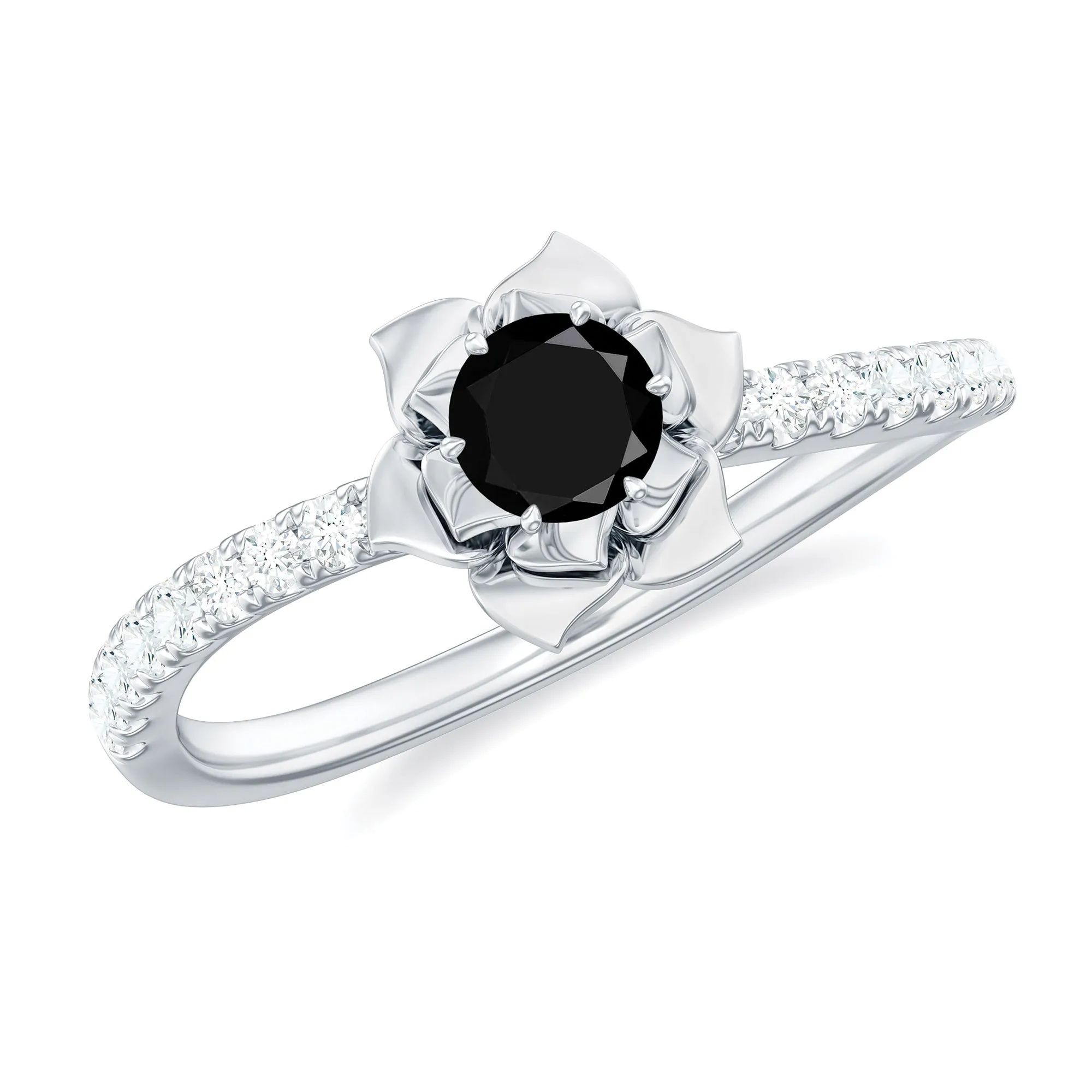 Real Black Diamond and Diamond Flower Engagement Ring