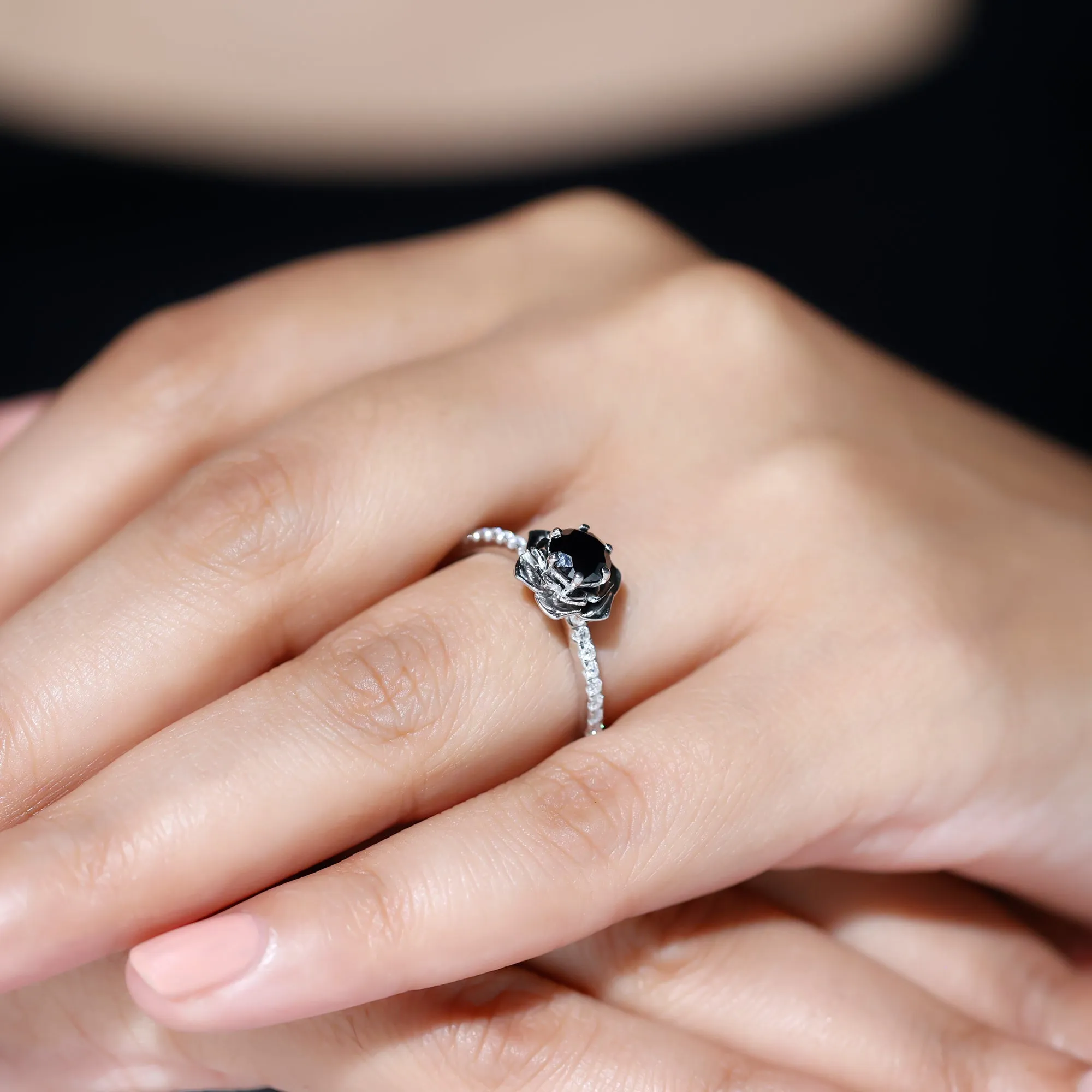 Real Black Diamond and Diamond Flower Engagement Ring