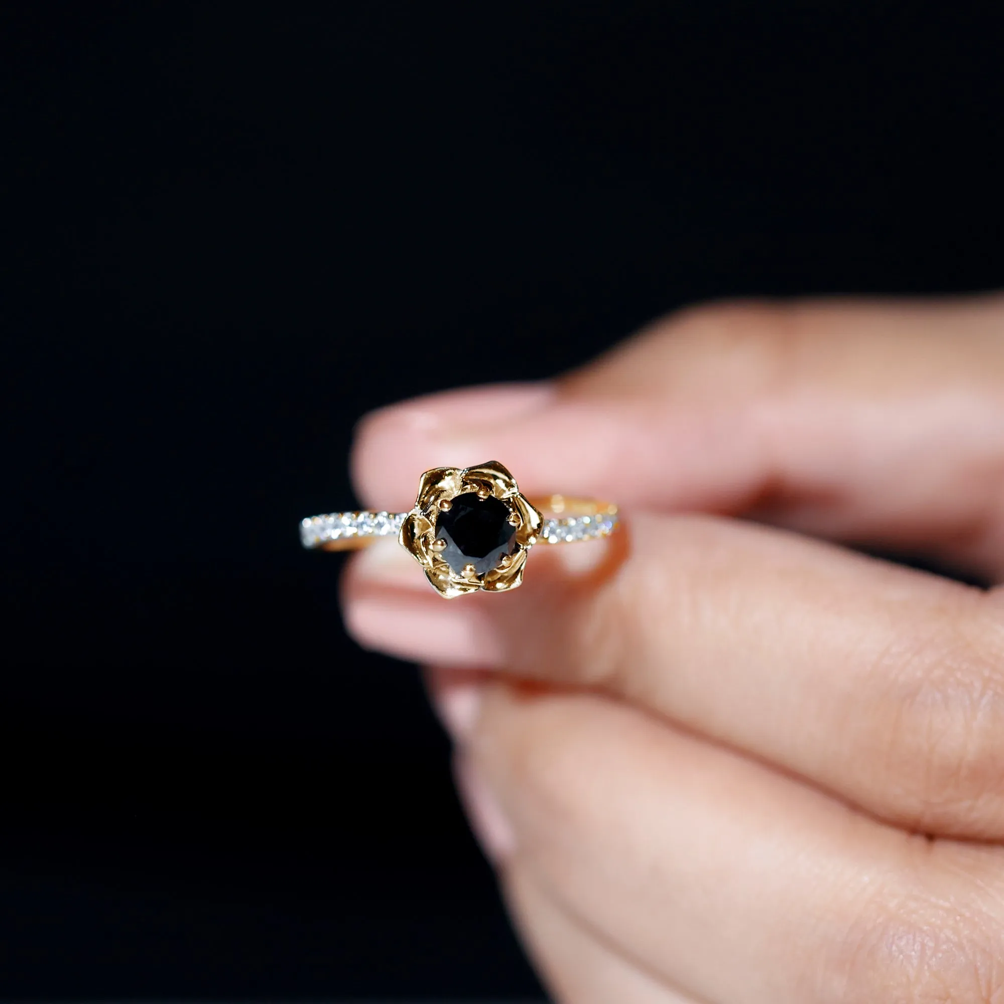 Real Black Diamond and Diamond Flower Engagement Ring