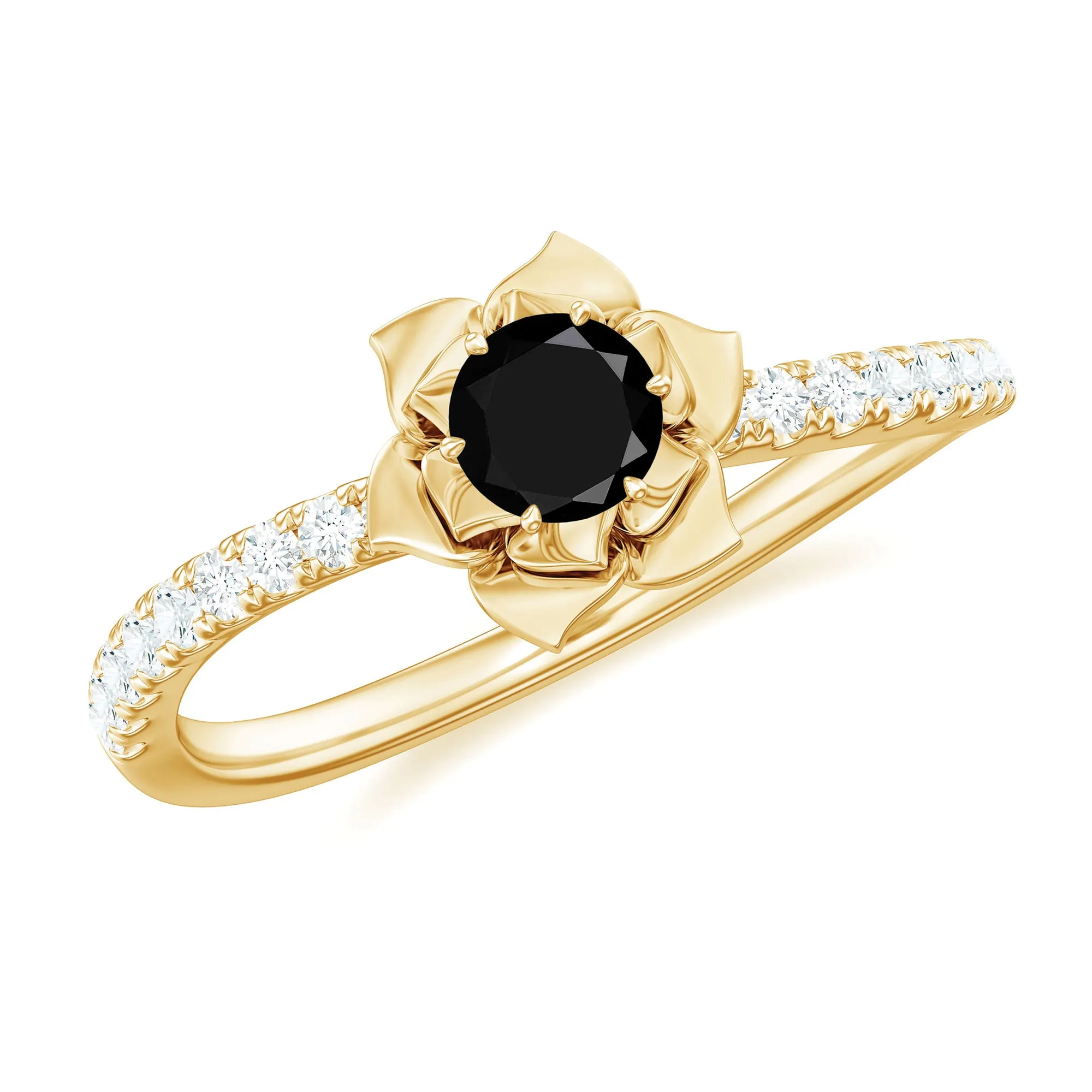 Real Black Diamond and Diamond Flower Engagement Ring