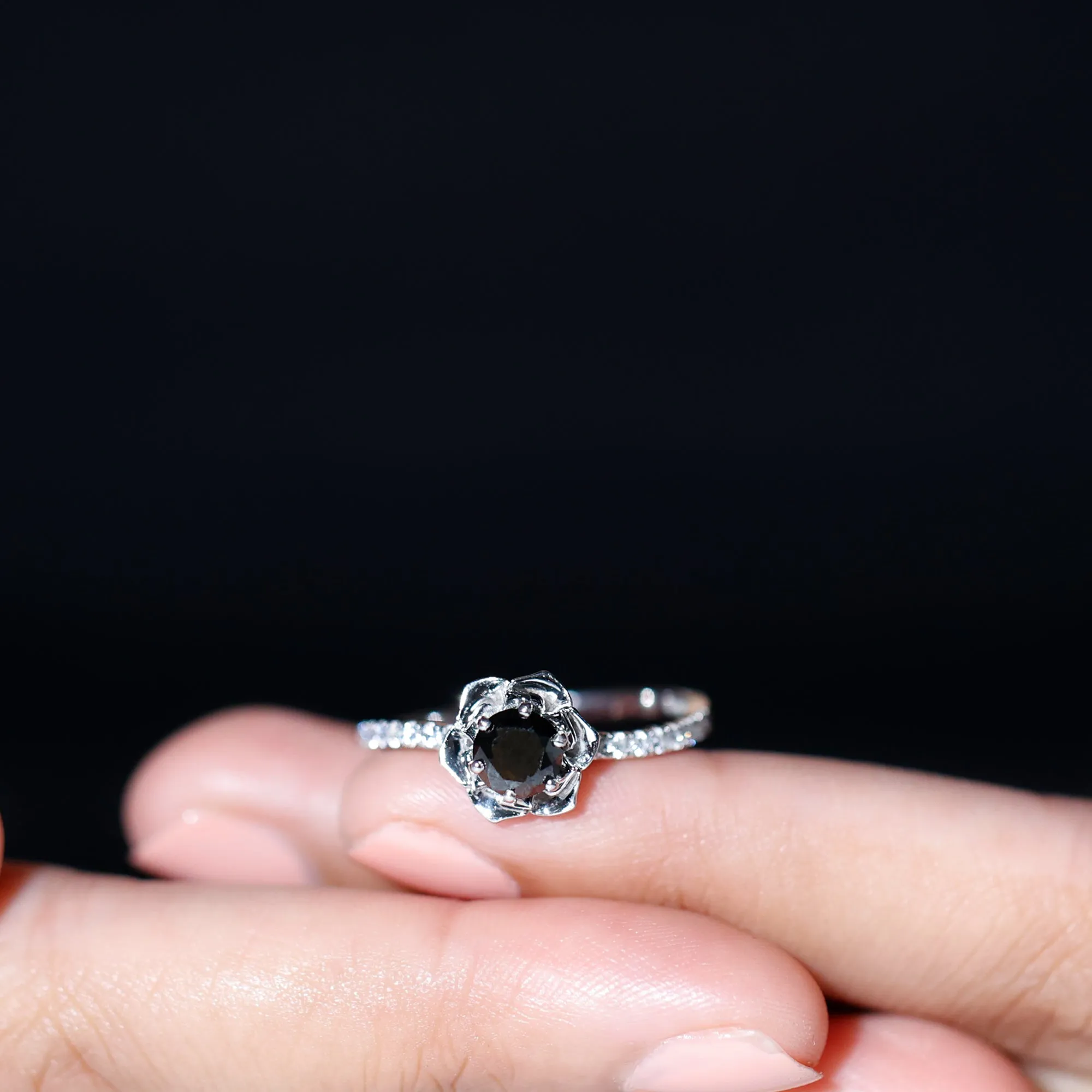 Real Black Diamond and Diamond Flower Engagement Ring