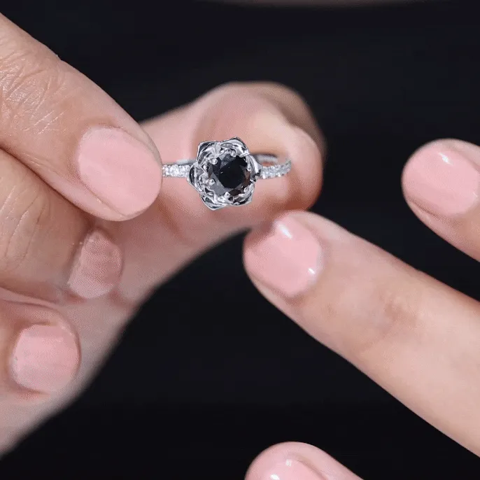 Real Black Diamond and Diamond Flower Engagement Ring