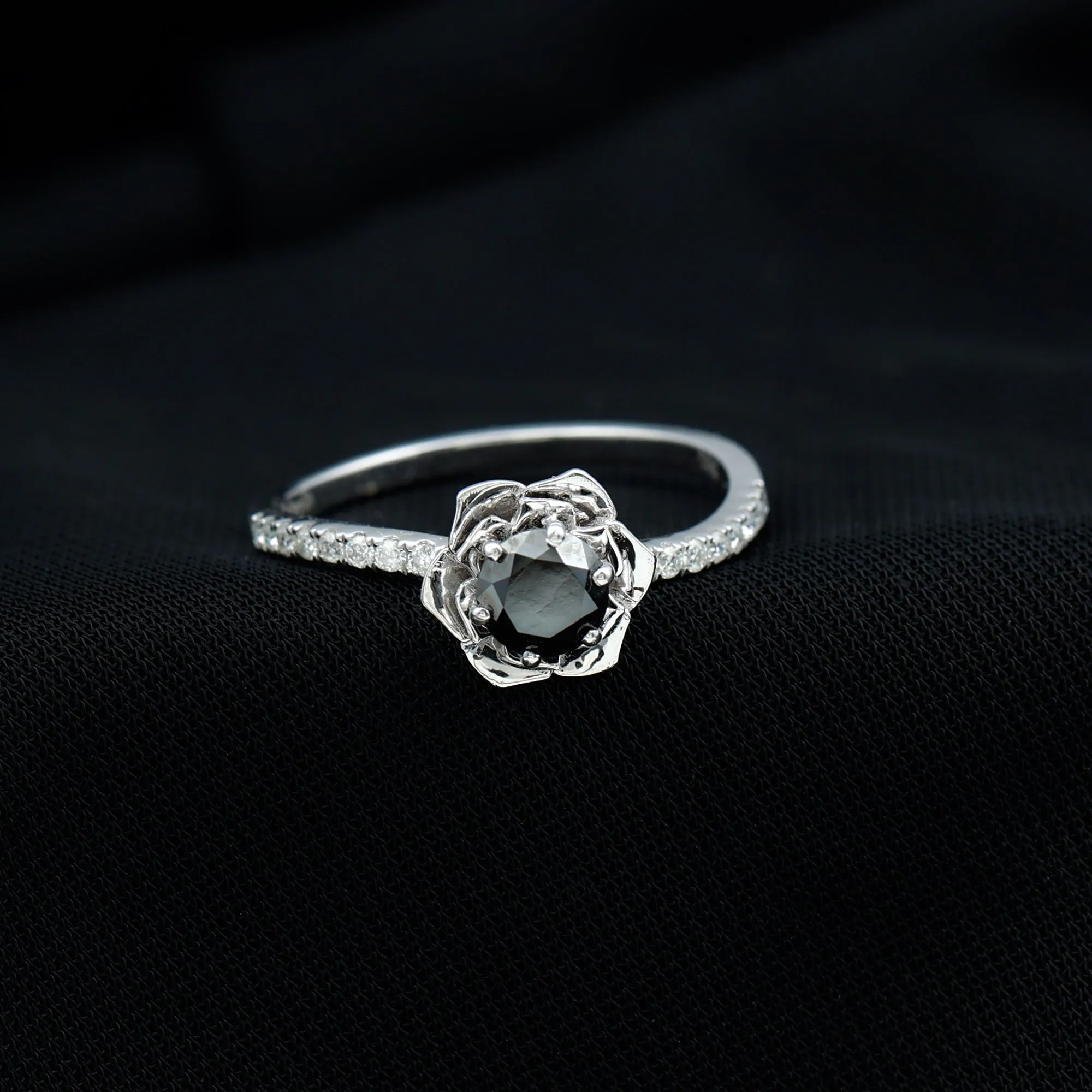 Real Black Diamond and Diamond Flower Engagement Ring
