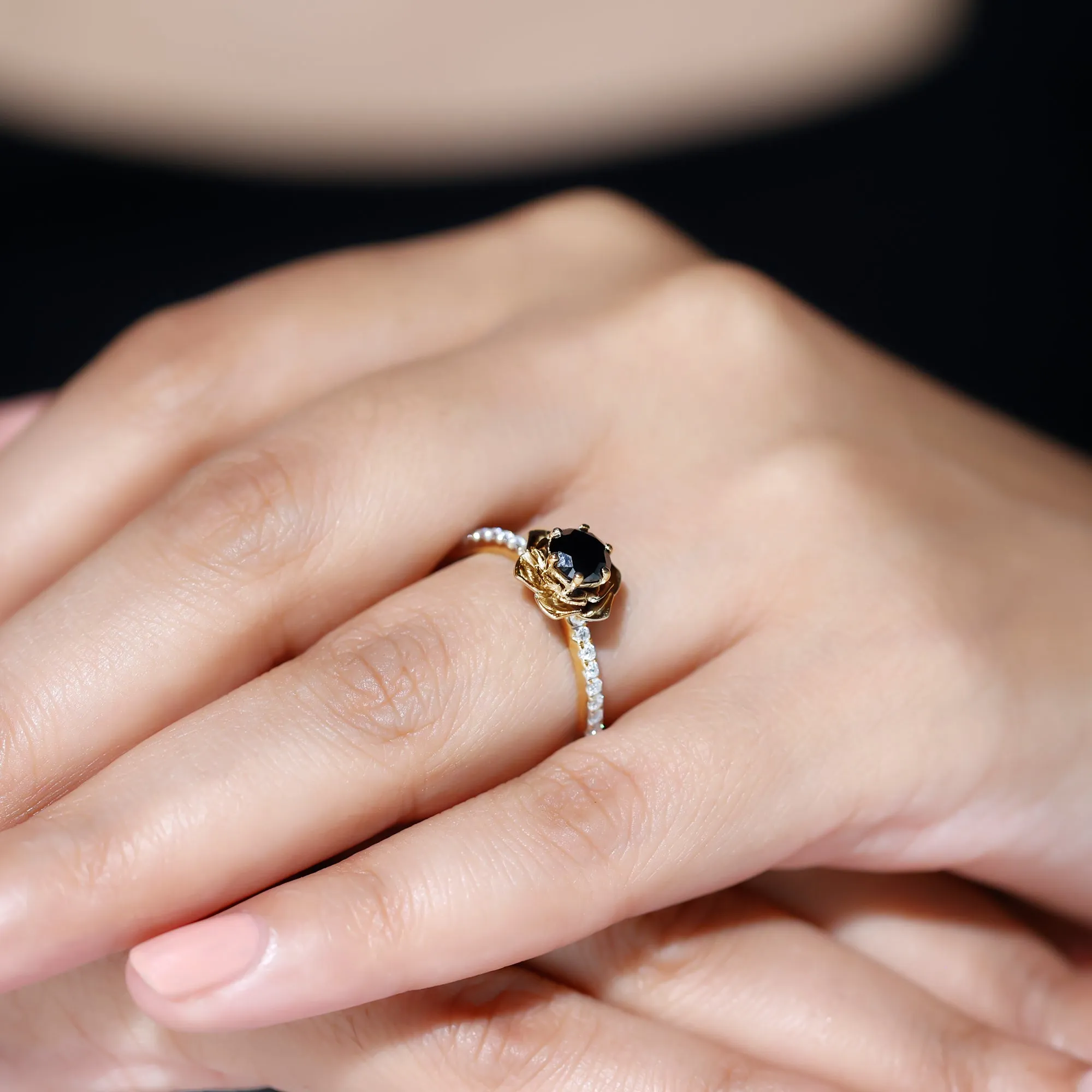 Real Black Diamond and Diamond Flower Engagement Ring