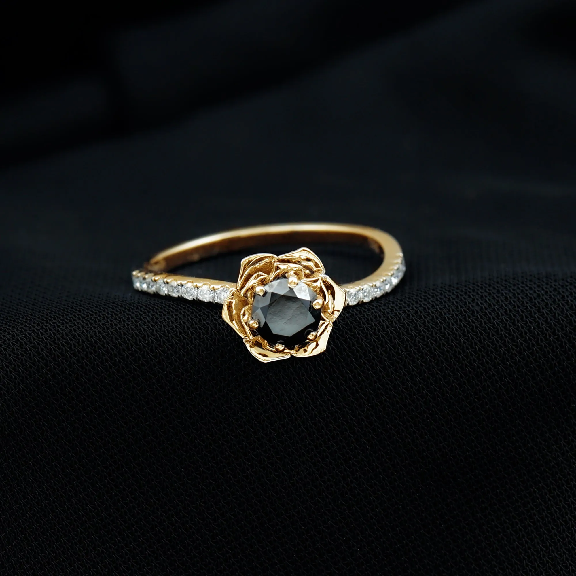 Real Black Diamond and Diamond Flower Engagement Ring
