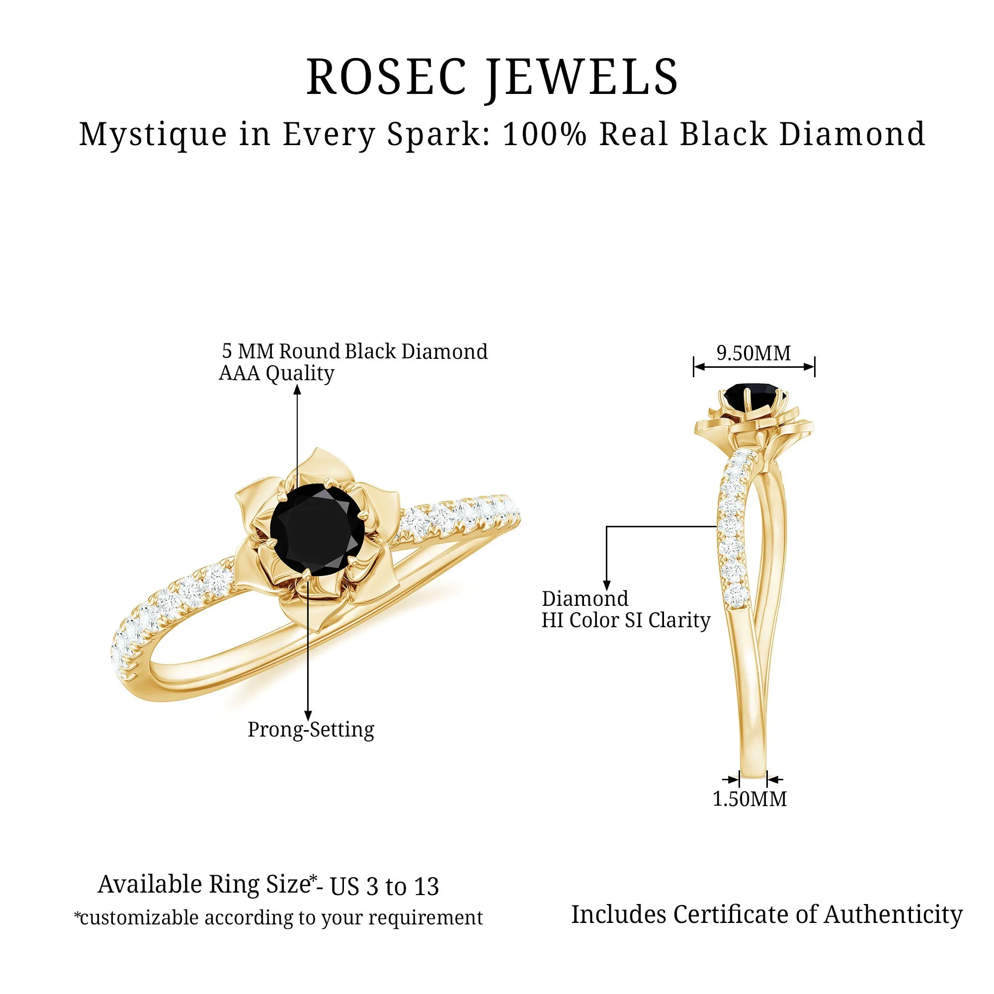 Real Black Diamond and Diamond Flower Engagement Ring