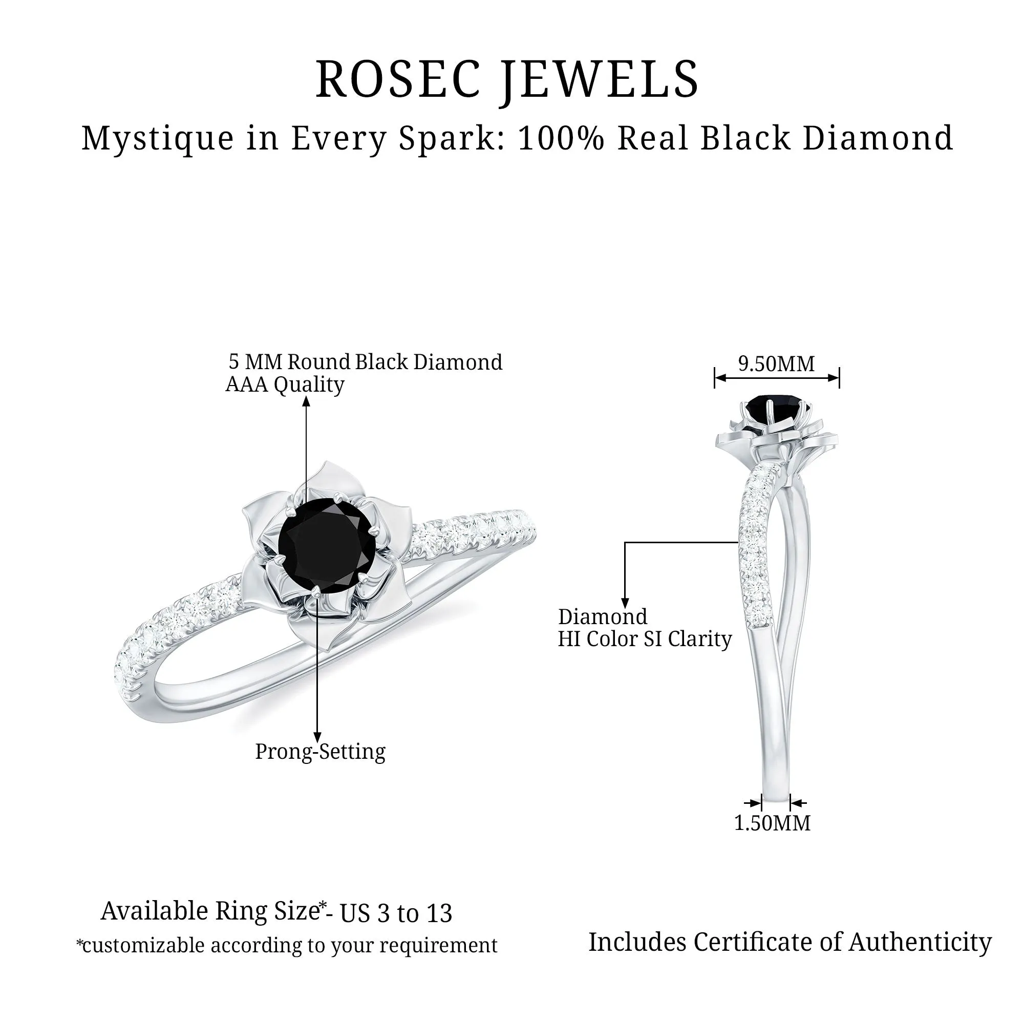 Real Black Diamond and Diamond Flower Engagement Ring