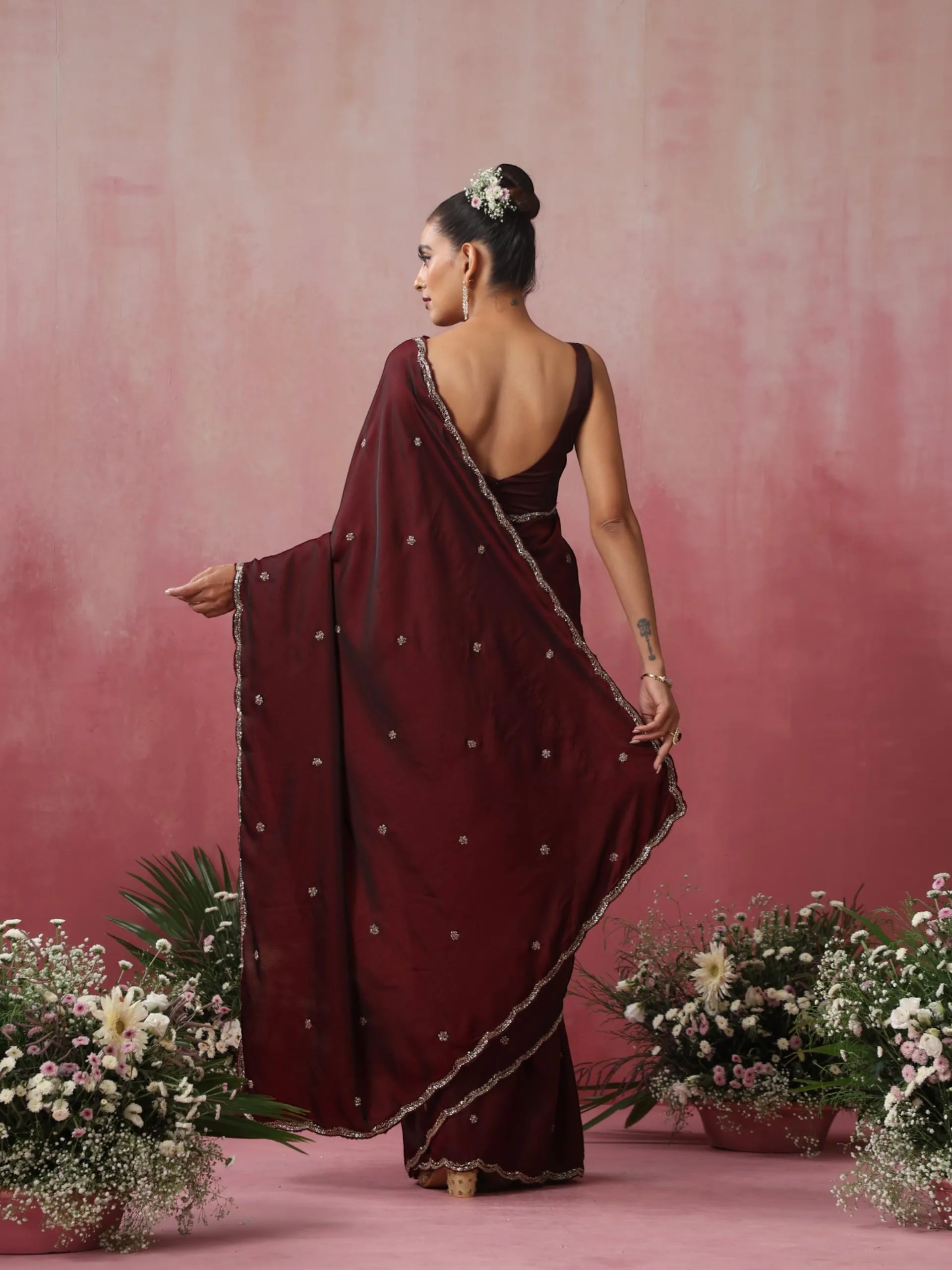 Rosewood Hand Embroidery Cut Dana All over Embroidery Satin Saree with Plain Blouse Fabric