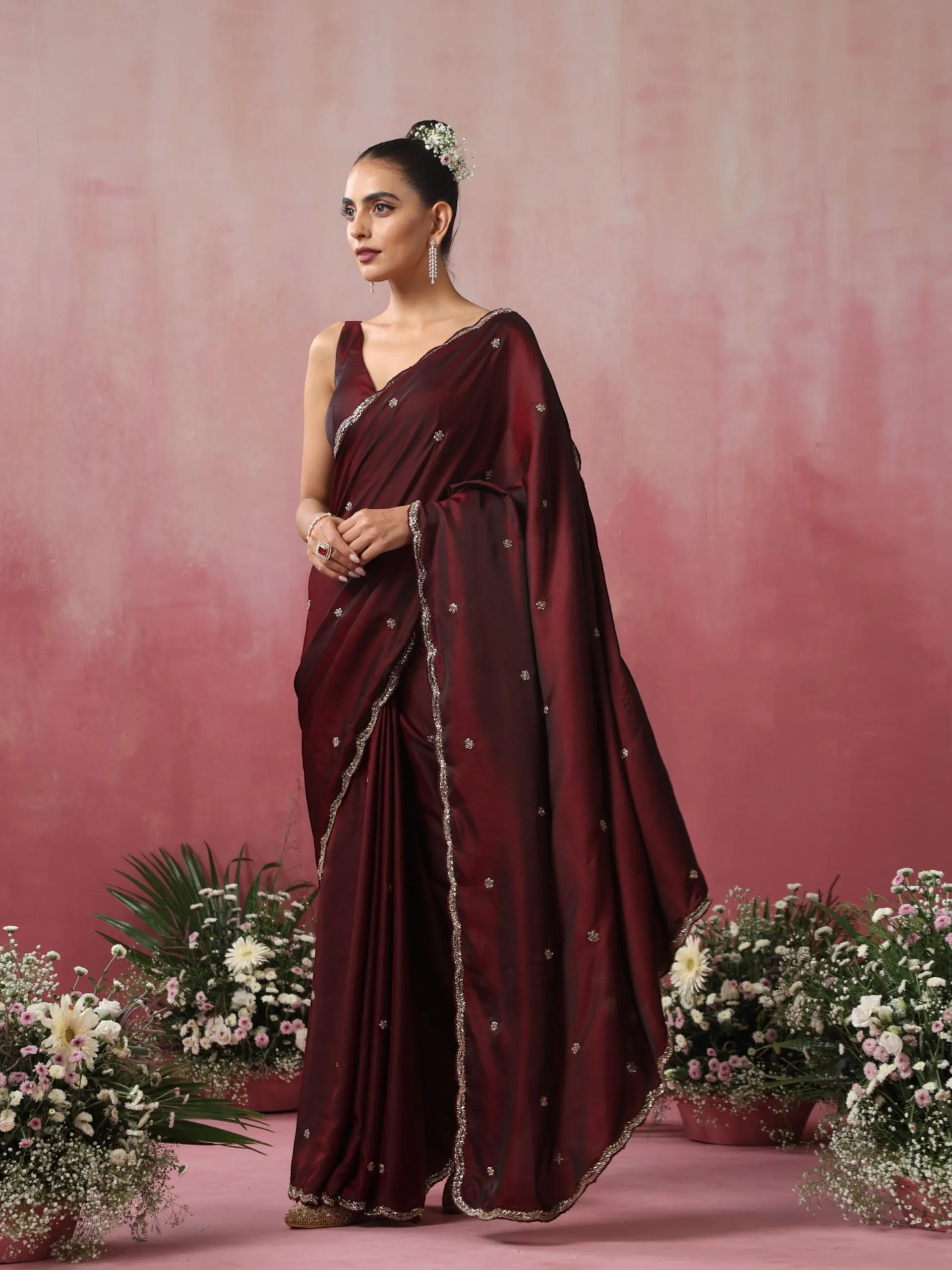 Rosewood Hand Embroidery Cut Dana All over Embroidery Satin Saree with Plain Blouse Fabric