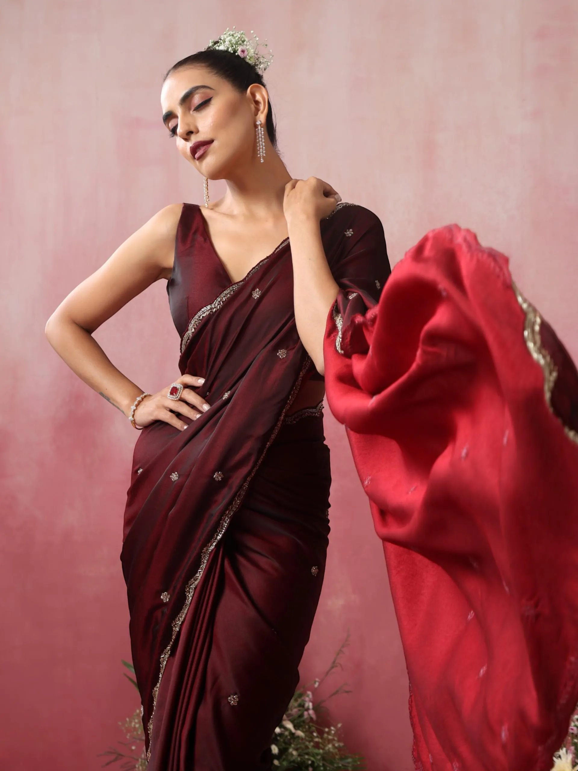 Rosewood Hand Embroidery Cut Dana All over Embroidery Satin Saree with Plain Blouse Fabric