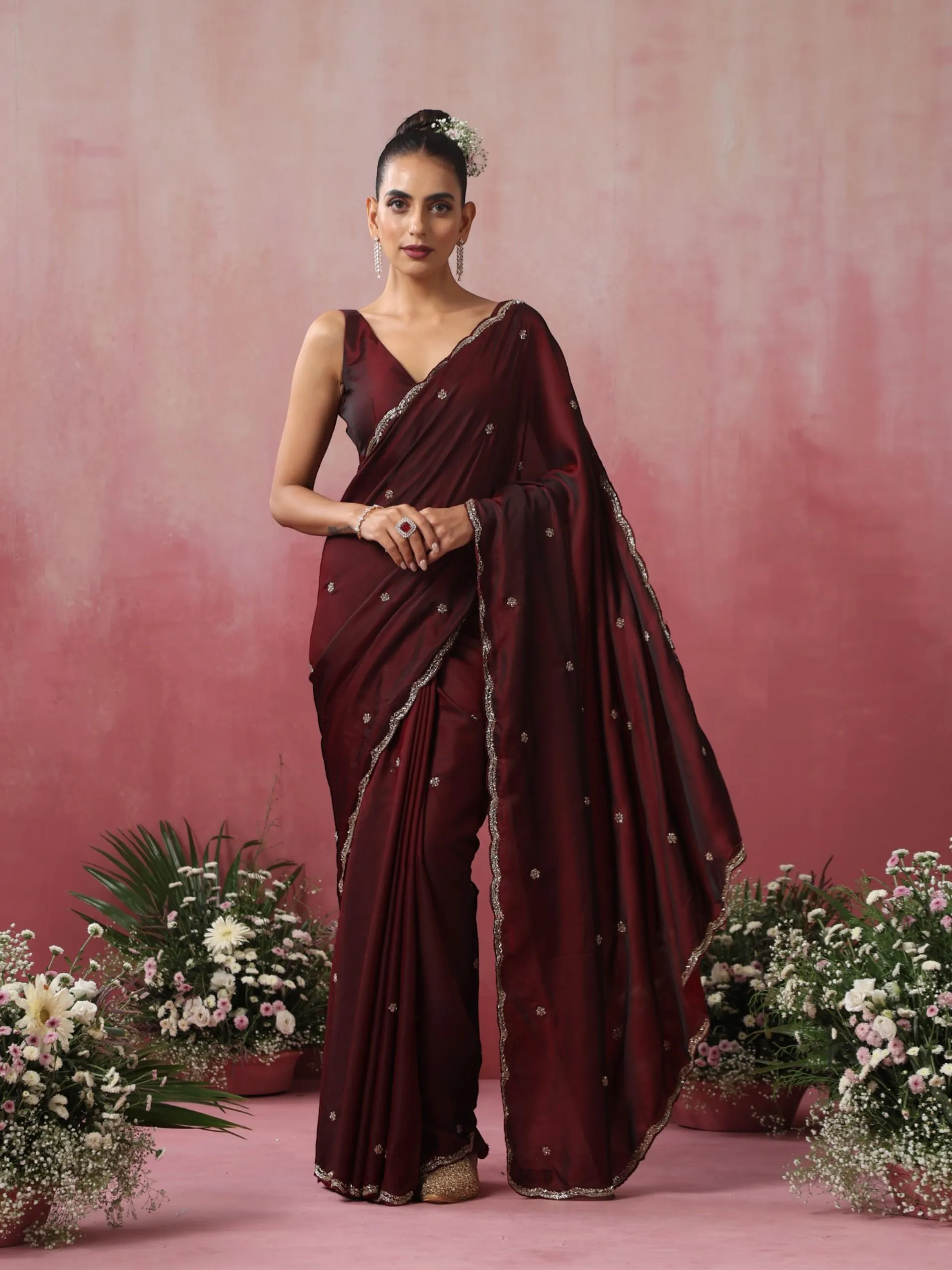 Rosewood Hand Embroidery Cut Dana All over Embroidery Satin Saree with Plain Blouse Fabric
