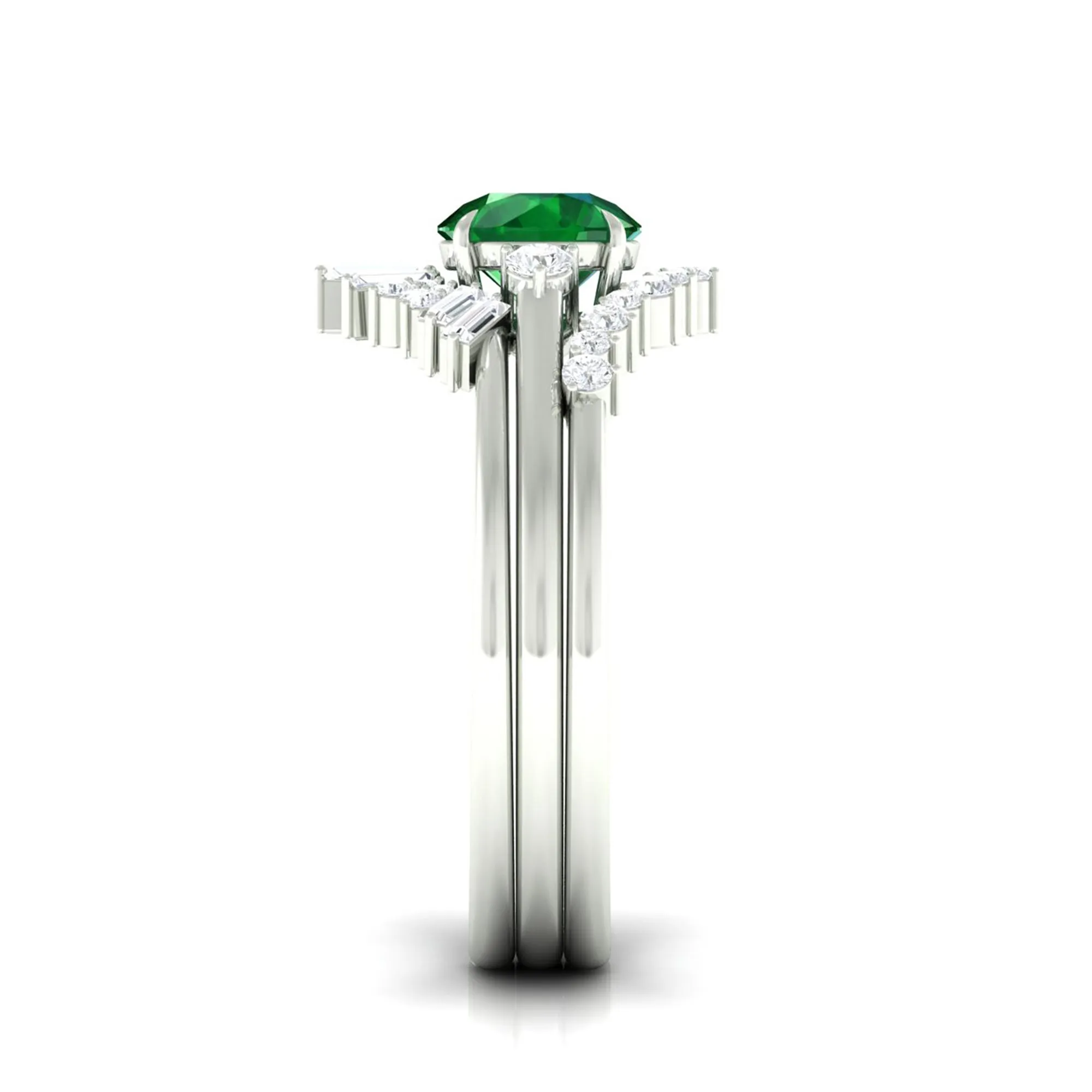 Round Created Emerald Designer Trio Wedding Ring Set with Diamond