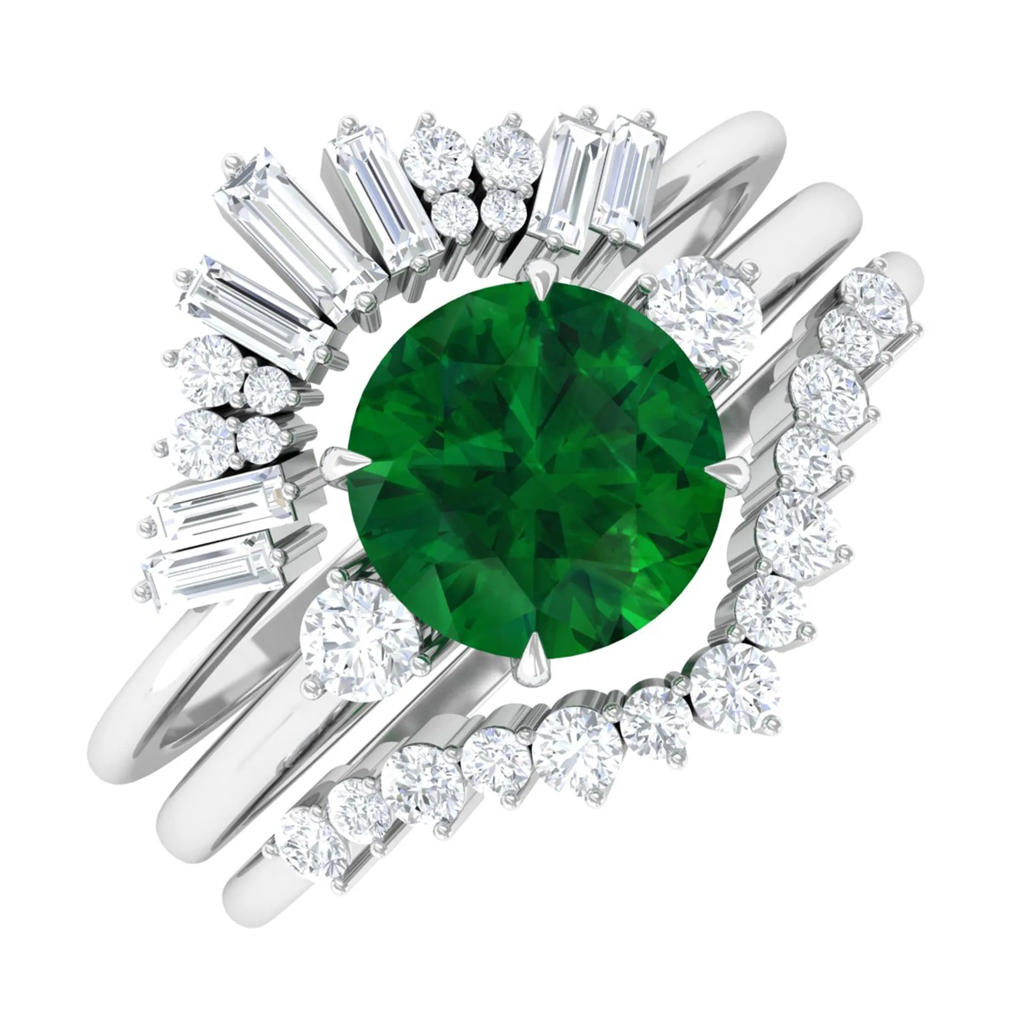 Round Created Emerald Designer Trio Wedding Ring Set with Diamond
