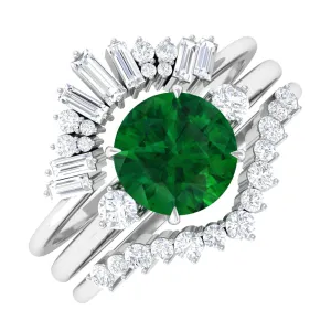 Round Created Emerald Designer Trio Wedding Ring Set with Diamond