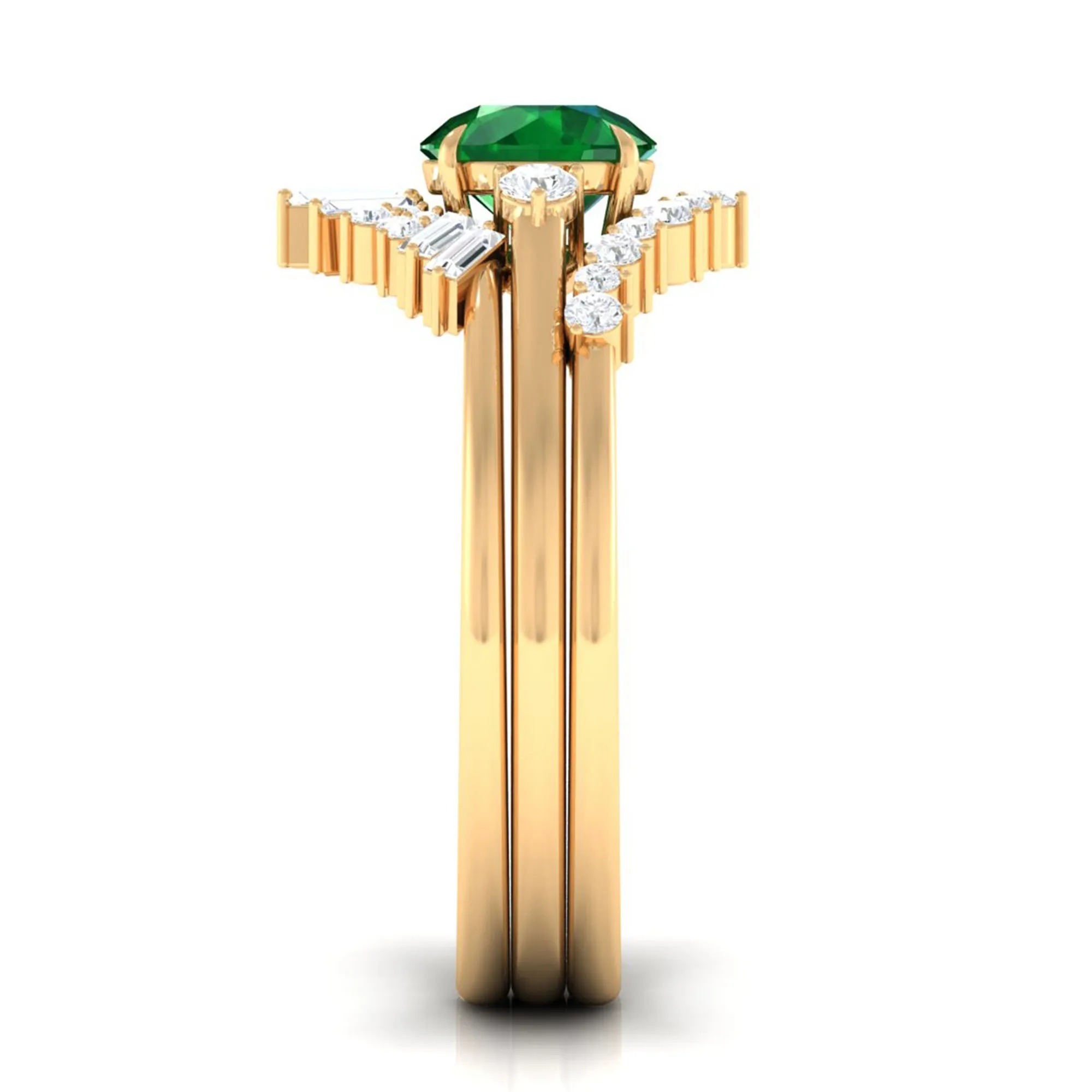 Round Created Emerald Designer Trio Wedding Ring Set with Diamond