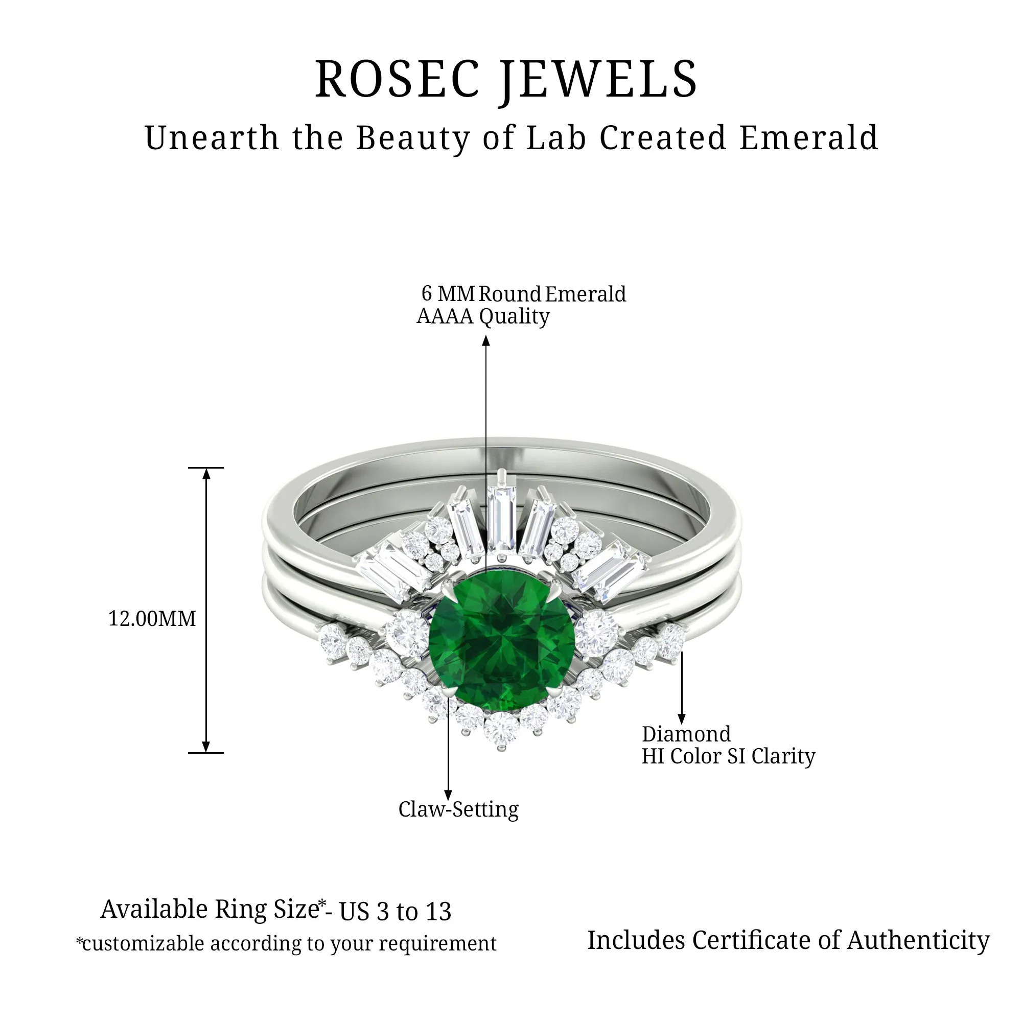 Round Created Emerald Designer Trio Wedding Ring Set with Diamond