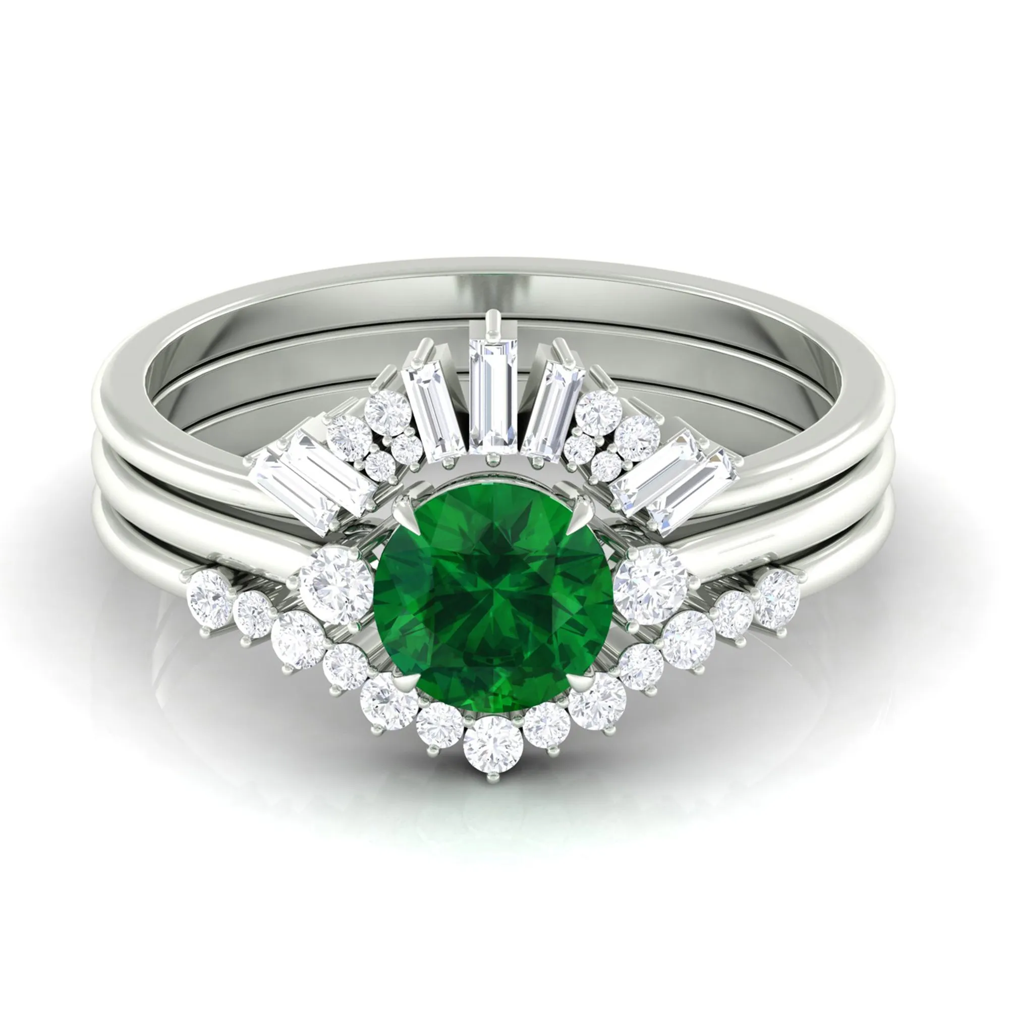Round Created Emerald Designer Trio Wedding Ring Set with Diamond