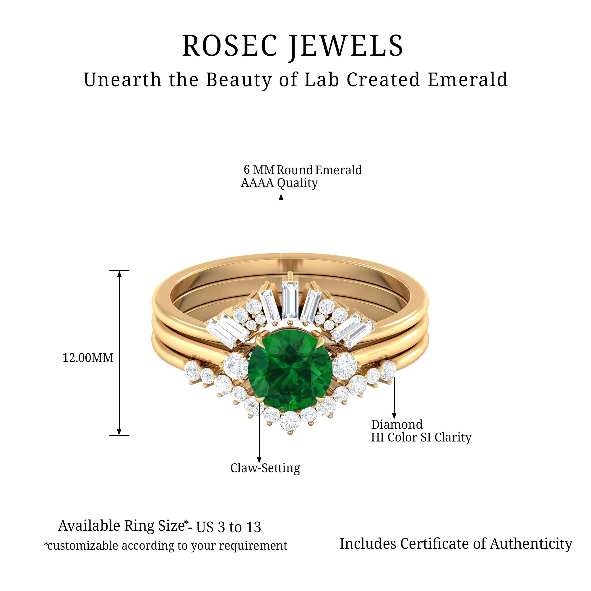 Round Created Emerald Designer Trio Wedding Ring Set with Diamond