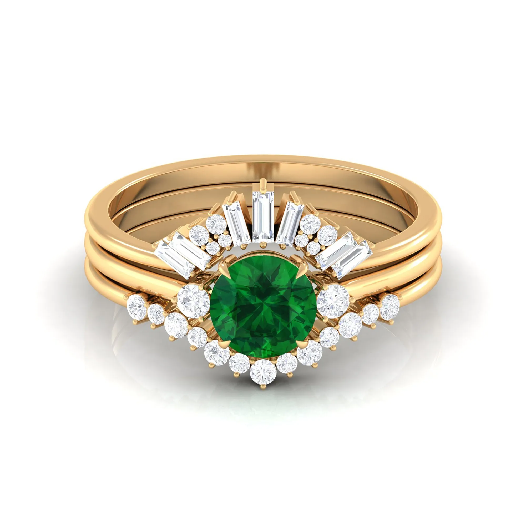 Round Created Emerald Designer Trio Wedding Ring Set with Diamond