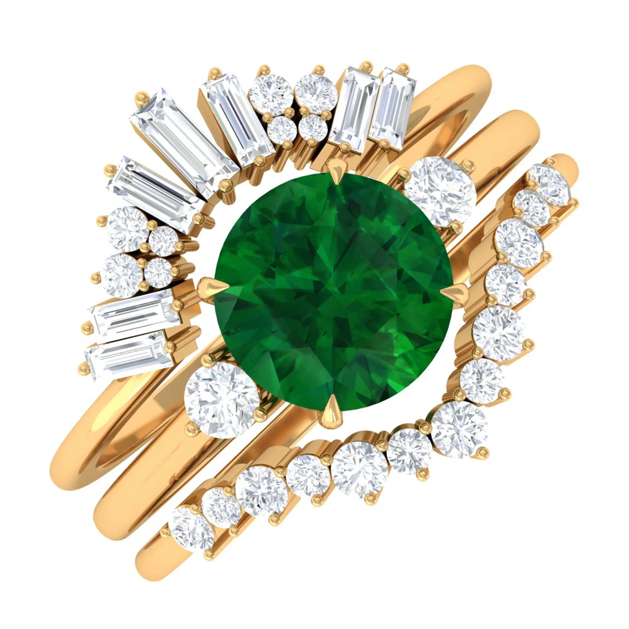 Round Created Emerald Designer Trio Wedding Ring Set with Diamond
