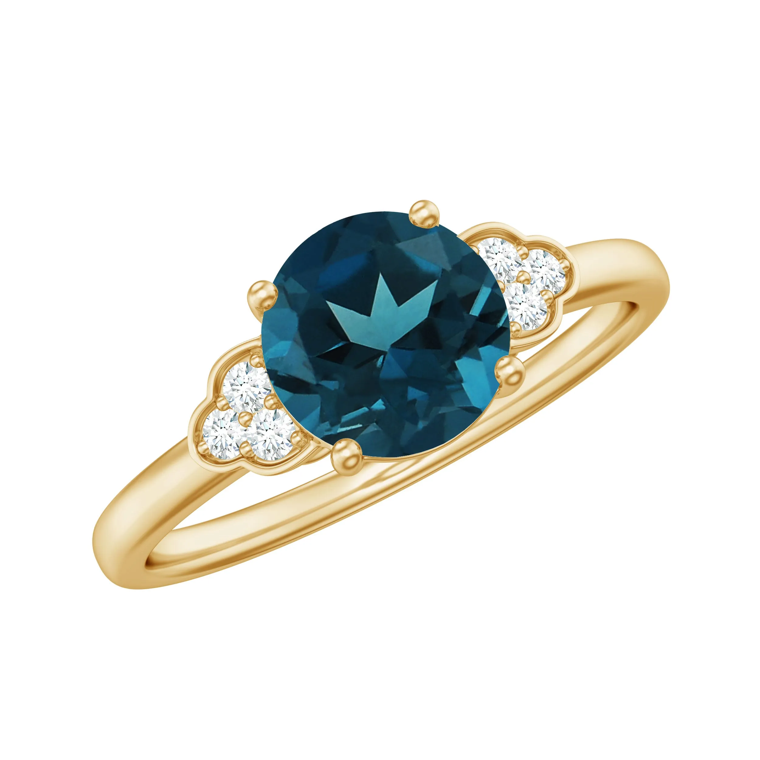 Round London Blue Topaz Solitaire Ring with Diamond Trio