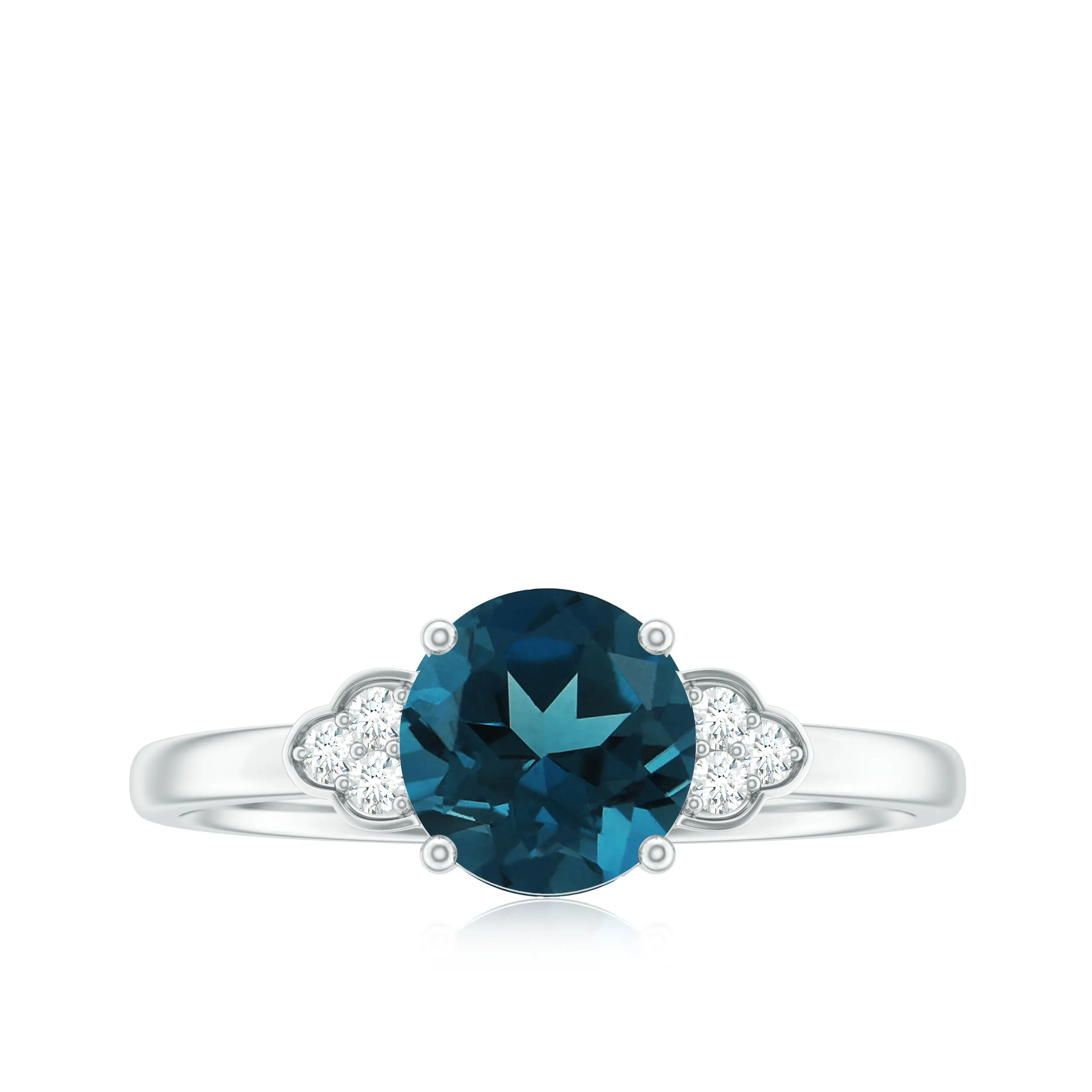 Round London Blue Topaz Solitaire Ring with Diamond Trio