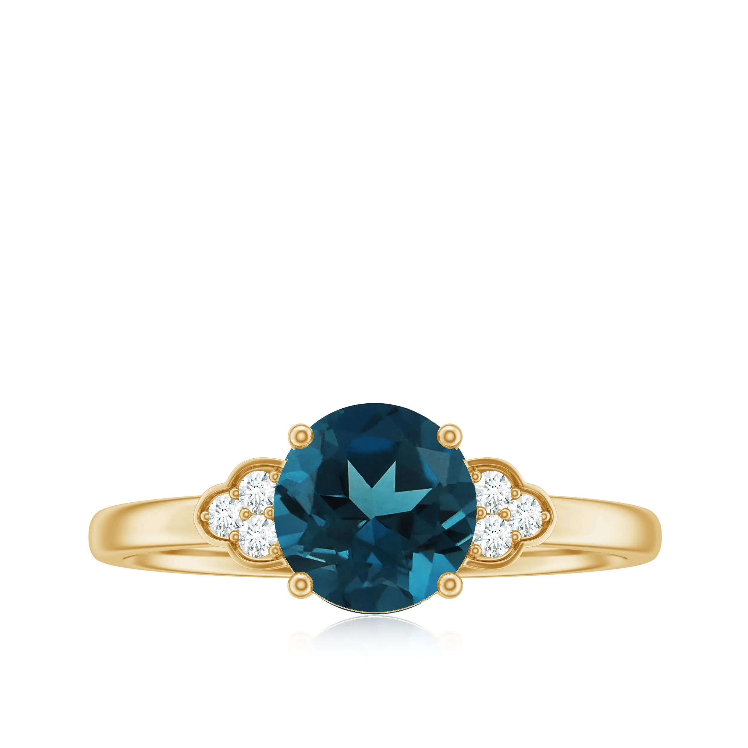 Round London Blue Topaz Solitaire Ring with Diamond Trio