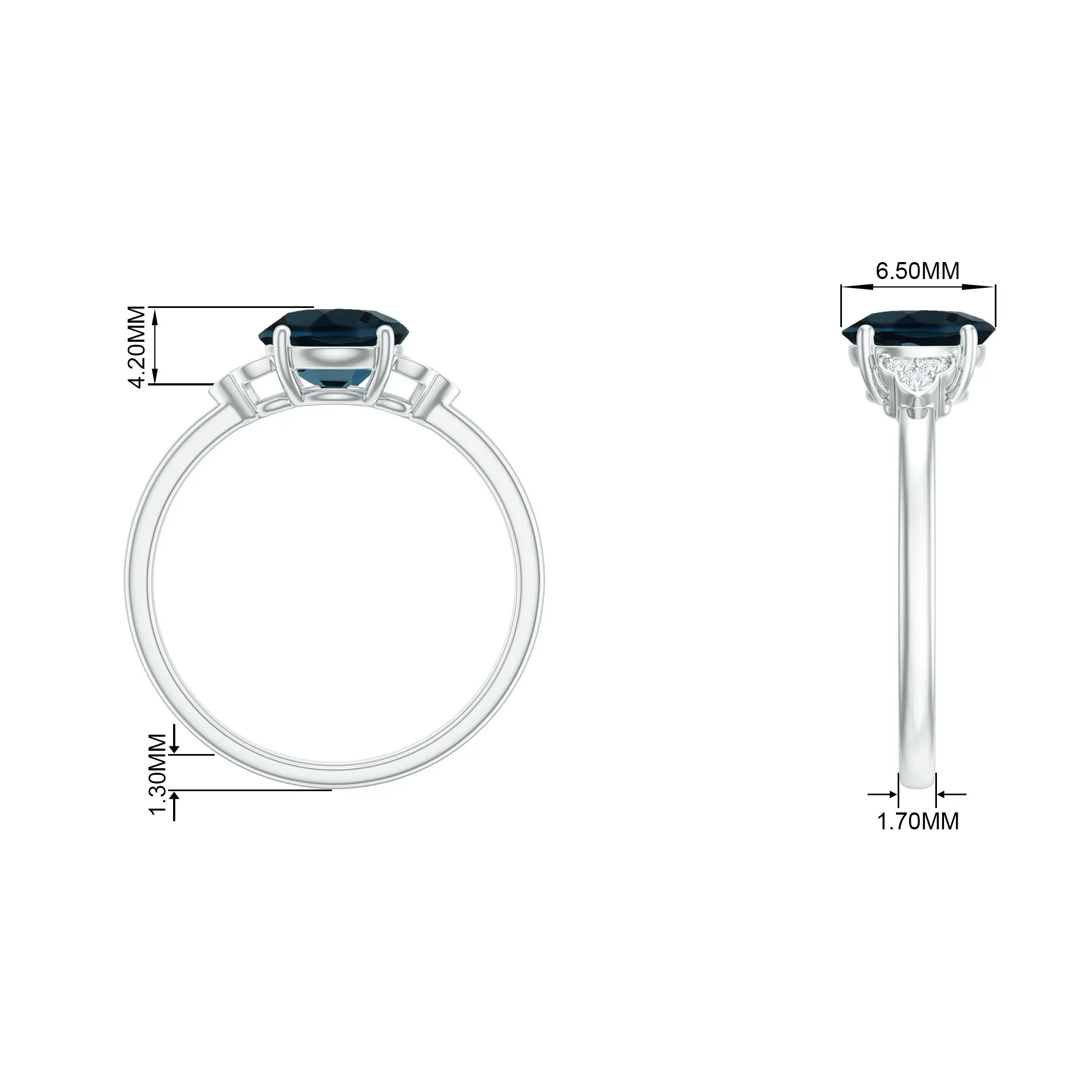 Round London Blue Topaz Solitaire Ring with Diamond Trio