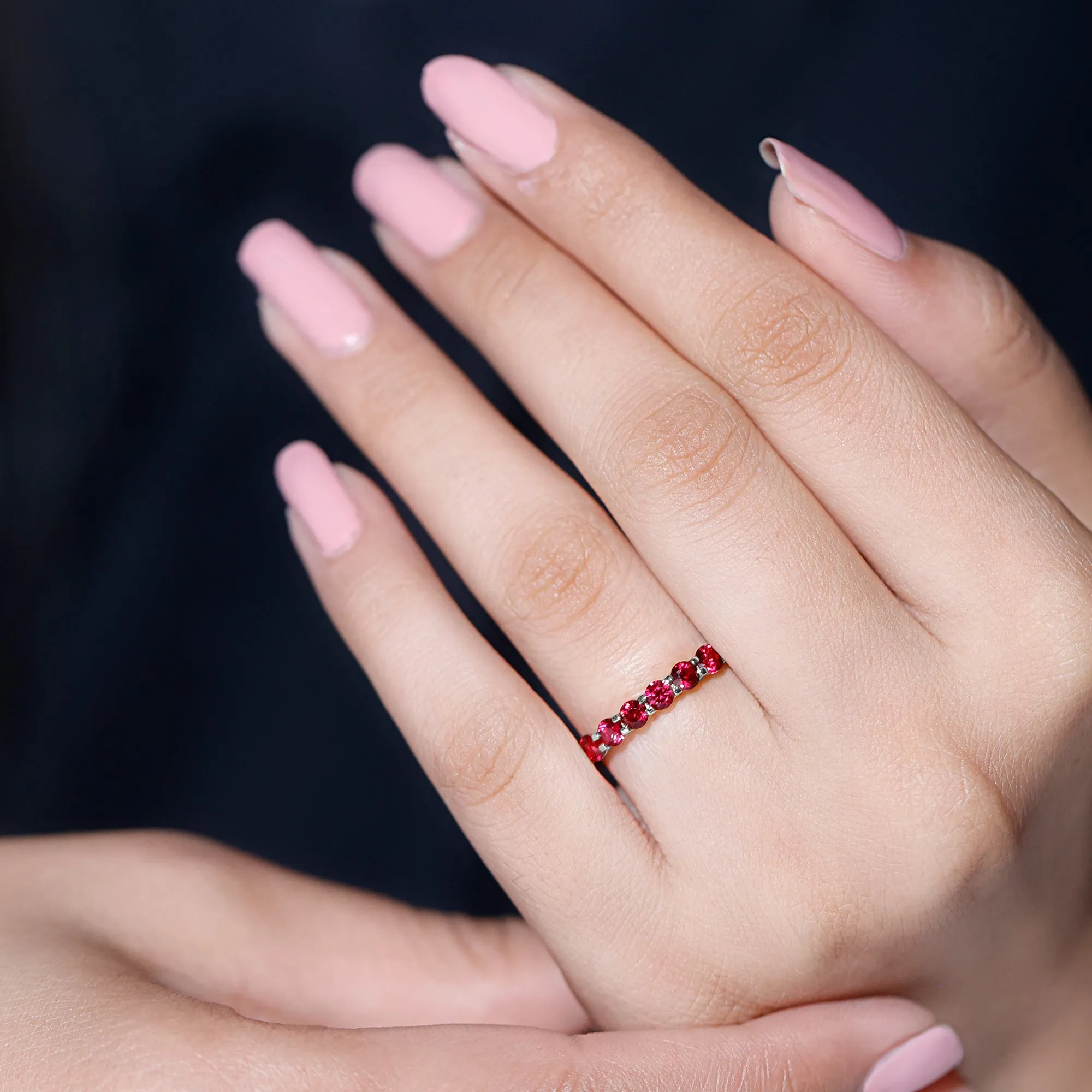 Shared Prong Set Round Created Ruby Full Eternity Band Ring