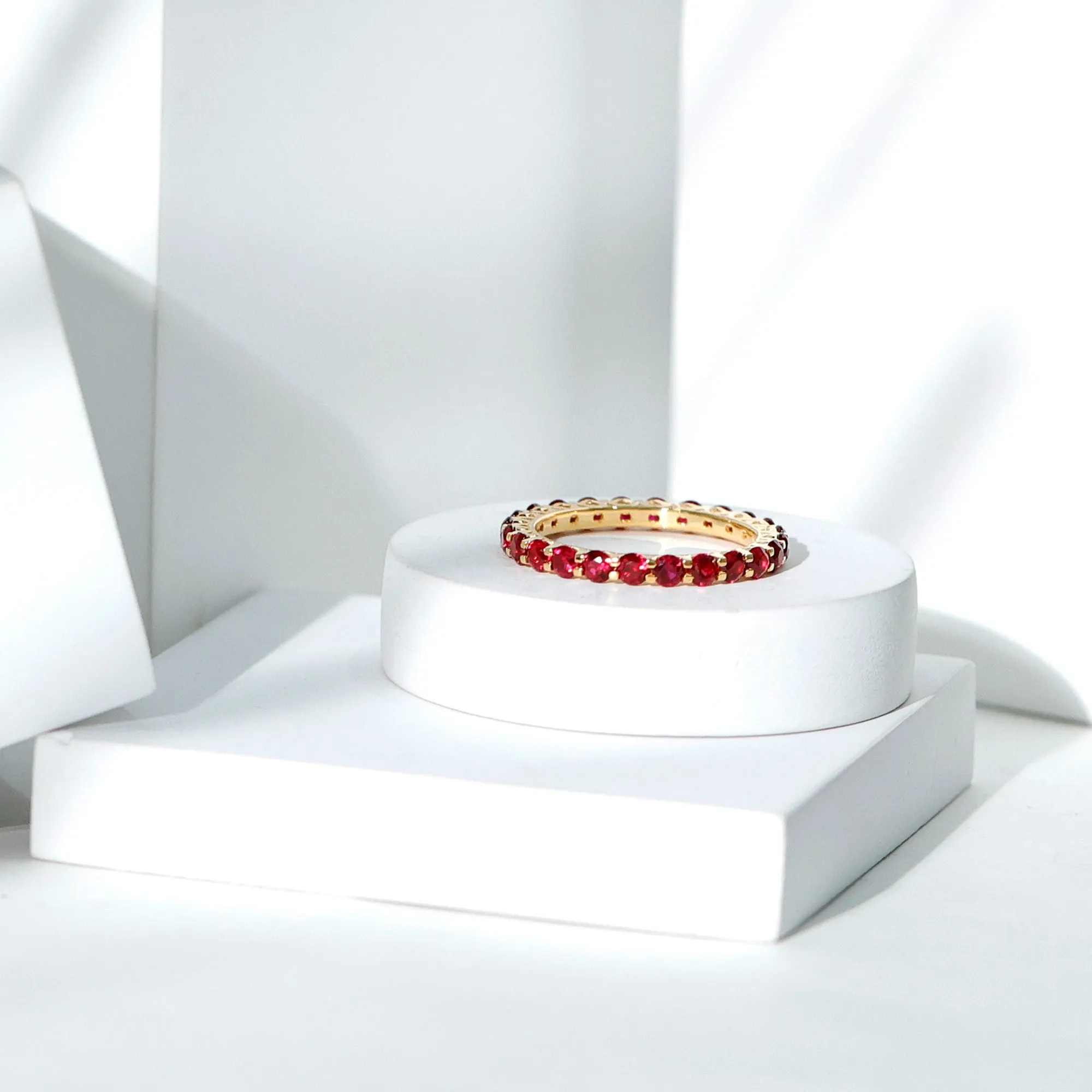 Shared Prong Set Round Created Ruby Full Eternity Band Ring