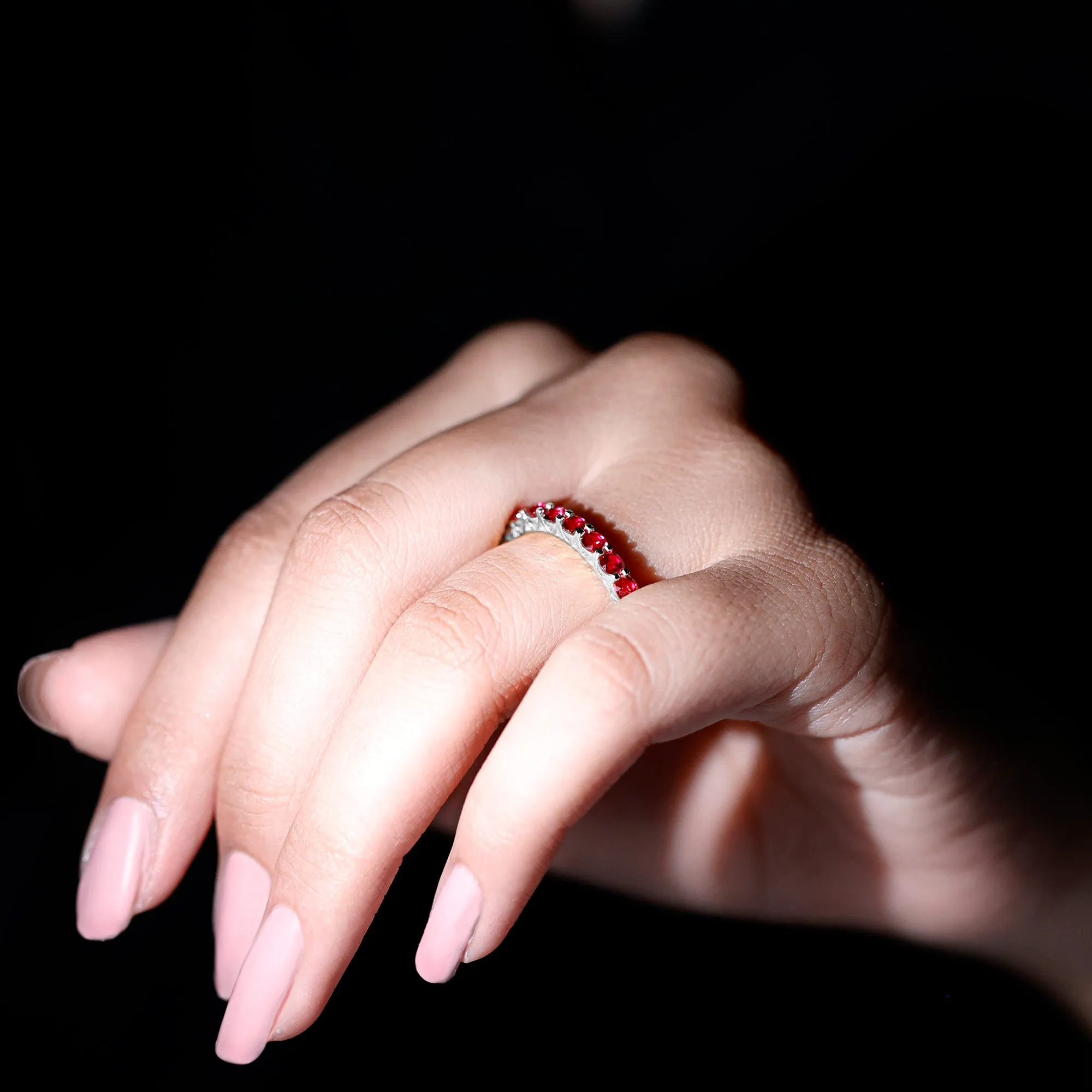 Shared Prong Set Round Created Ruby Full Eternity Band Ring