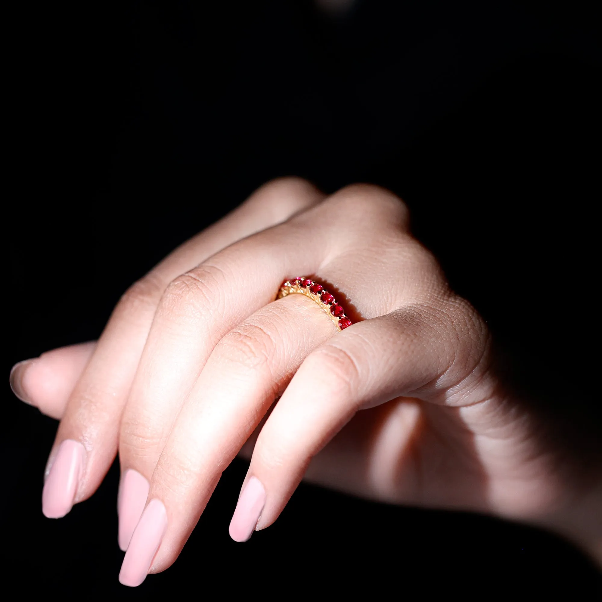 Shared Prong Set Round Created Ruby Full Eternity Band Ring