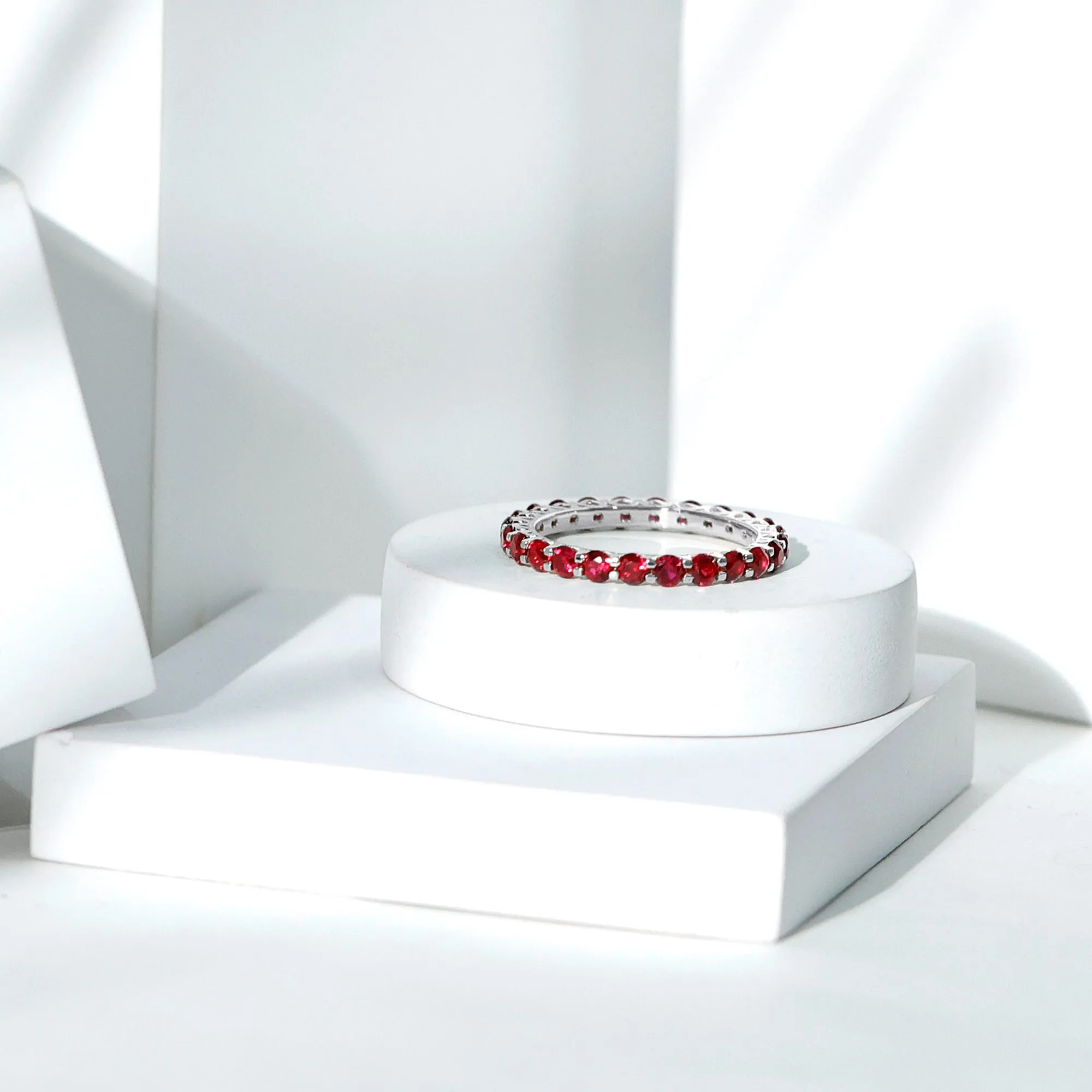 Shared Prong Set Round Created Ruby Full Eternity Band Ring