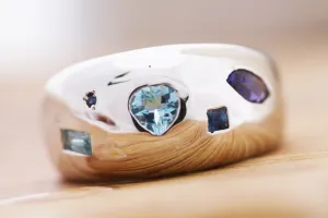 Silver ring with Iolites, Aquamarines and Sapphires