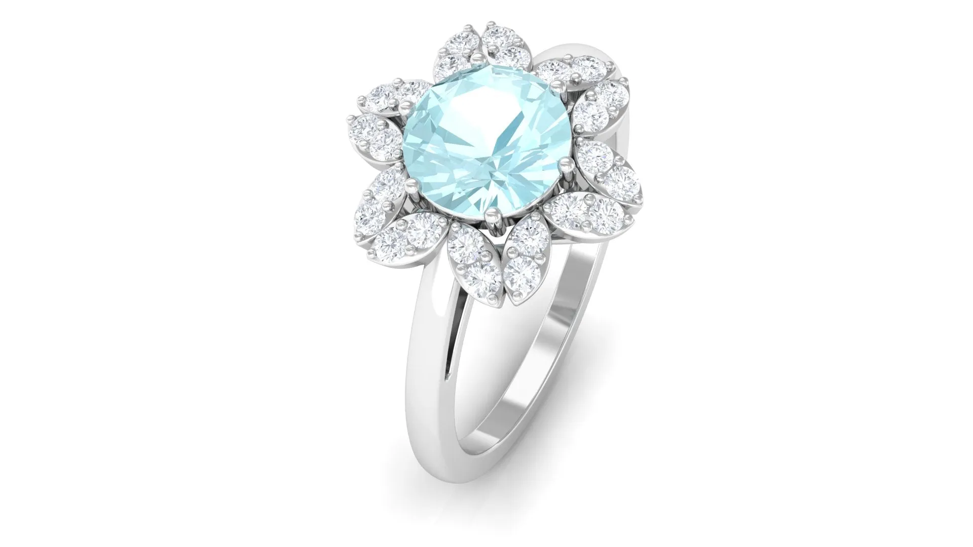 Sky Blue Topaz Flower Ring with Diamond Halo