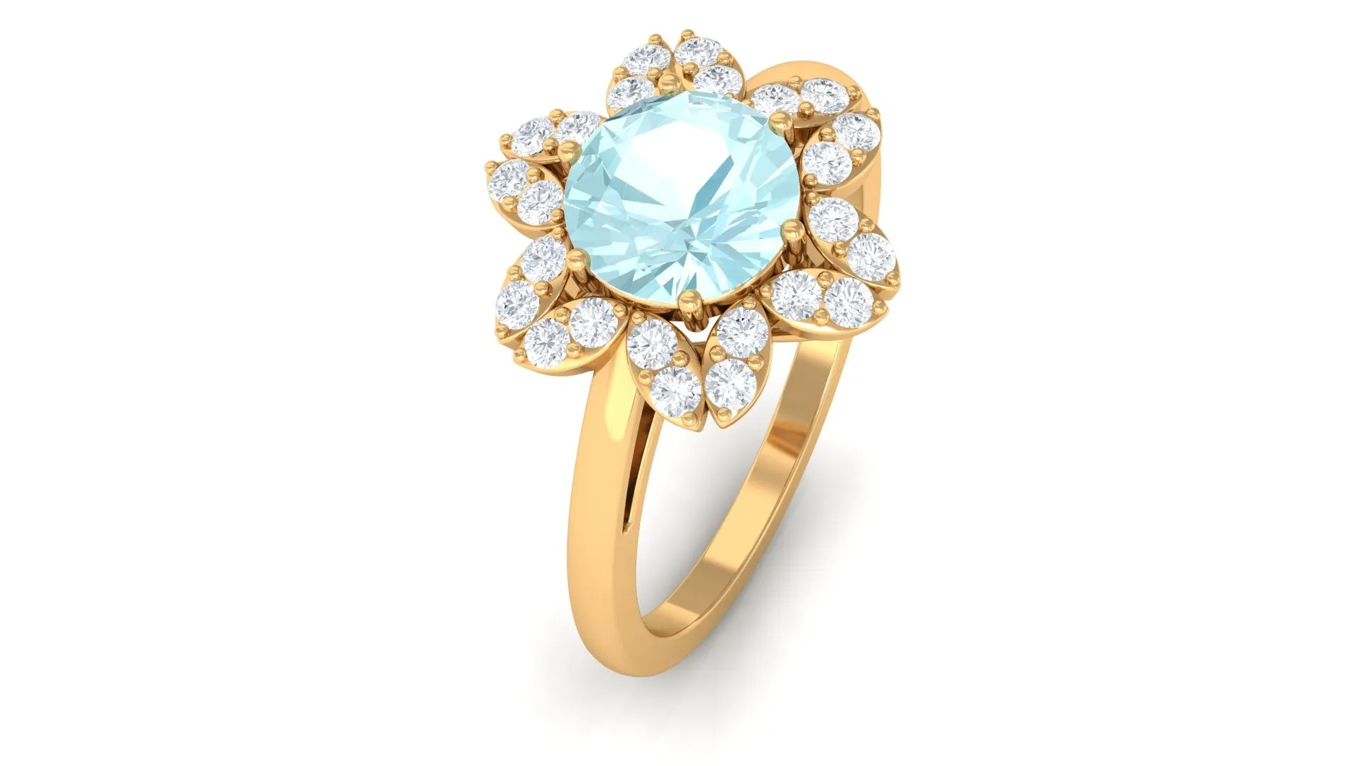 Sky Blue Topaz Flower Ring with Diamond Halo