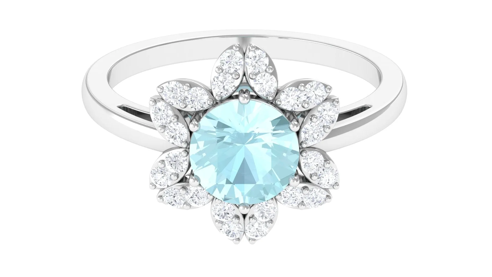 Sky Blue Topaz Flower Ring with Diamond Halo