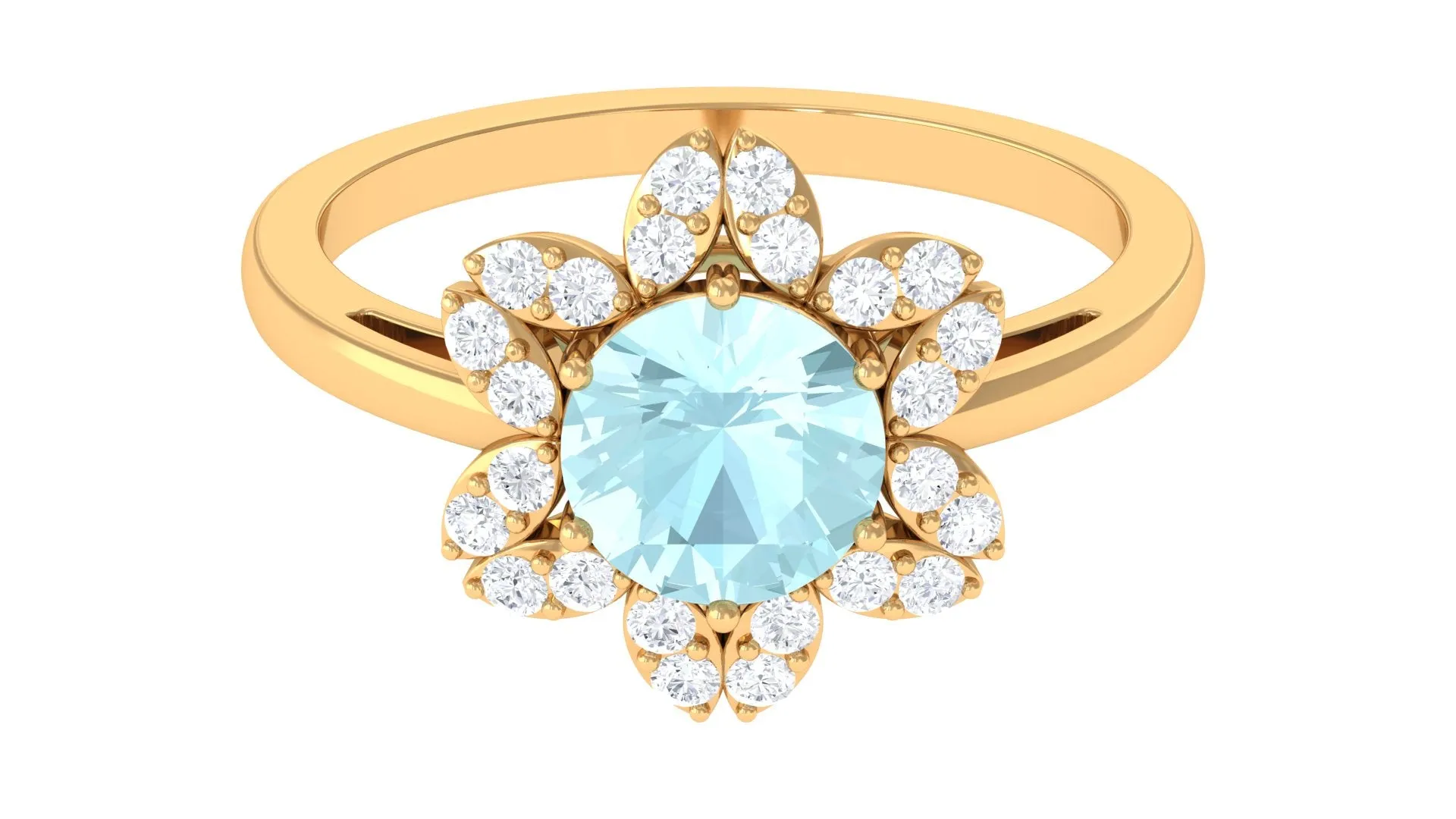 Sky Blue Topaz Flower Ring with Diamond Halo
