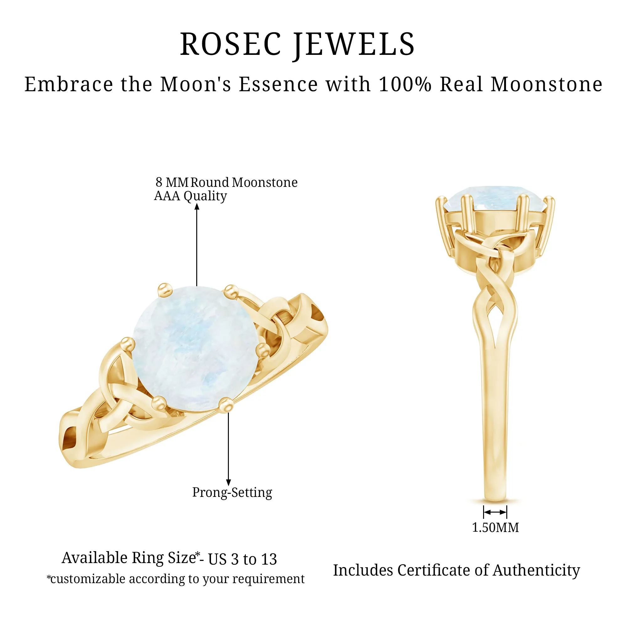 Solitaire Moonstone Celtic Engagement Ring in 6 Prong Setting