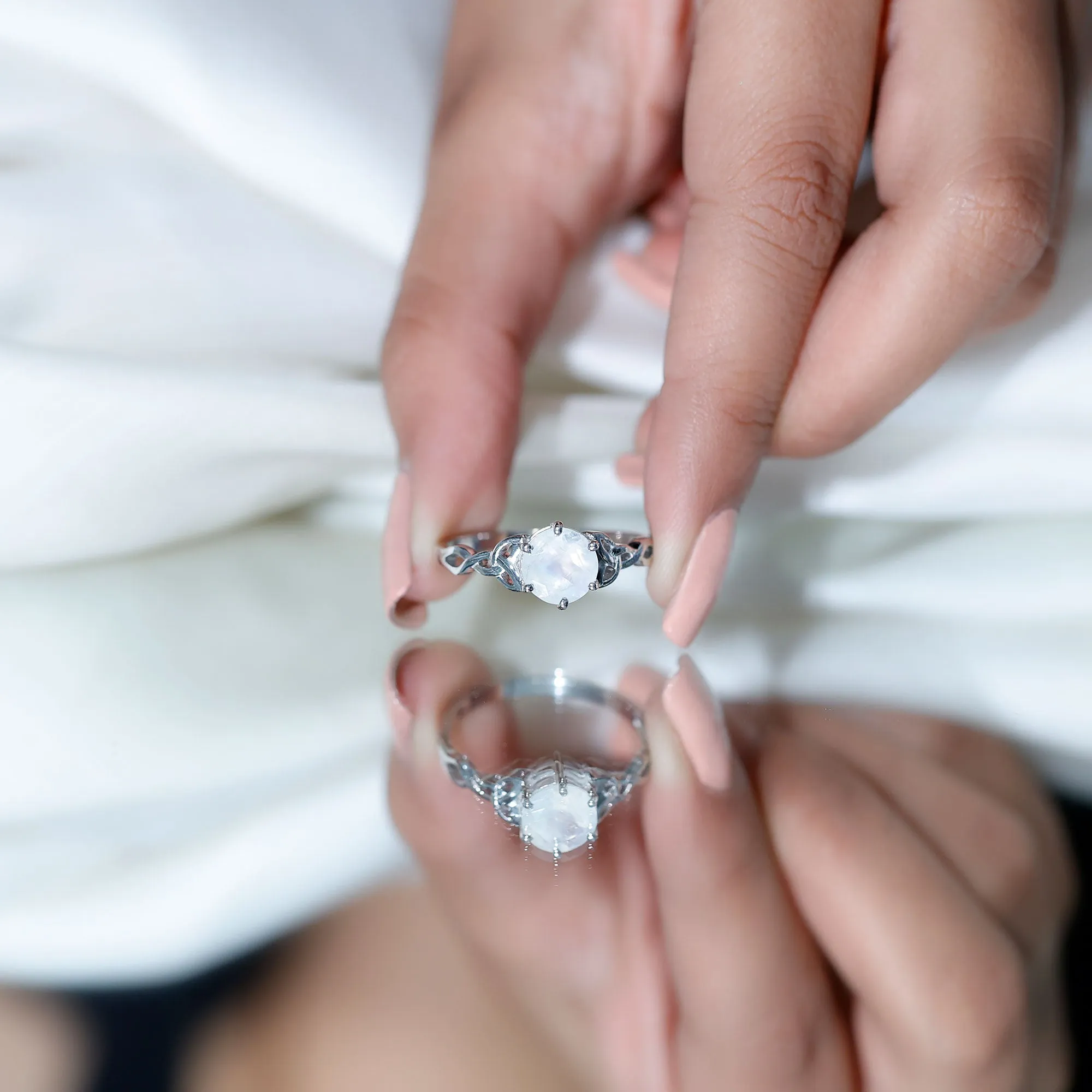 Solitaire Moonstone Celtic Engagement Ring in 6 Prong Setting