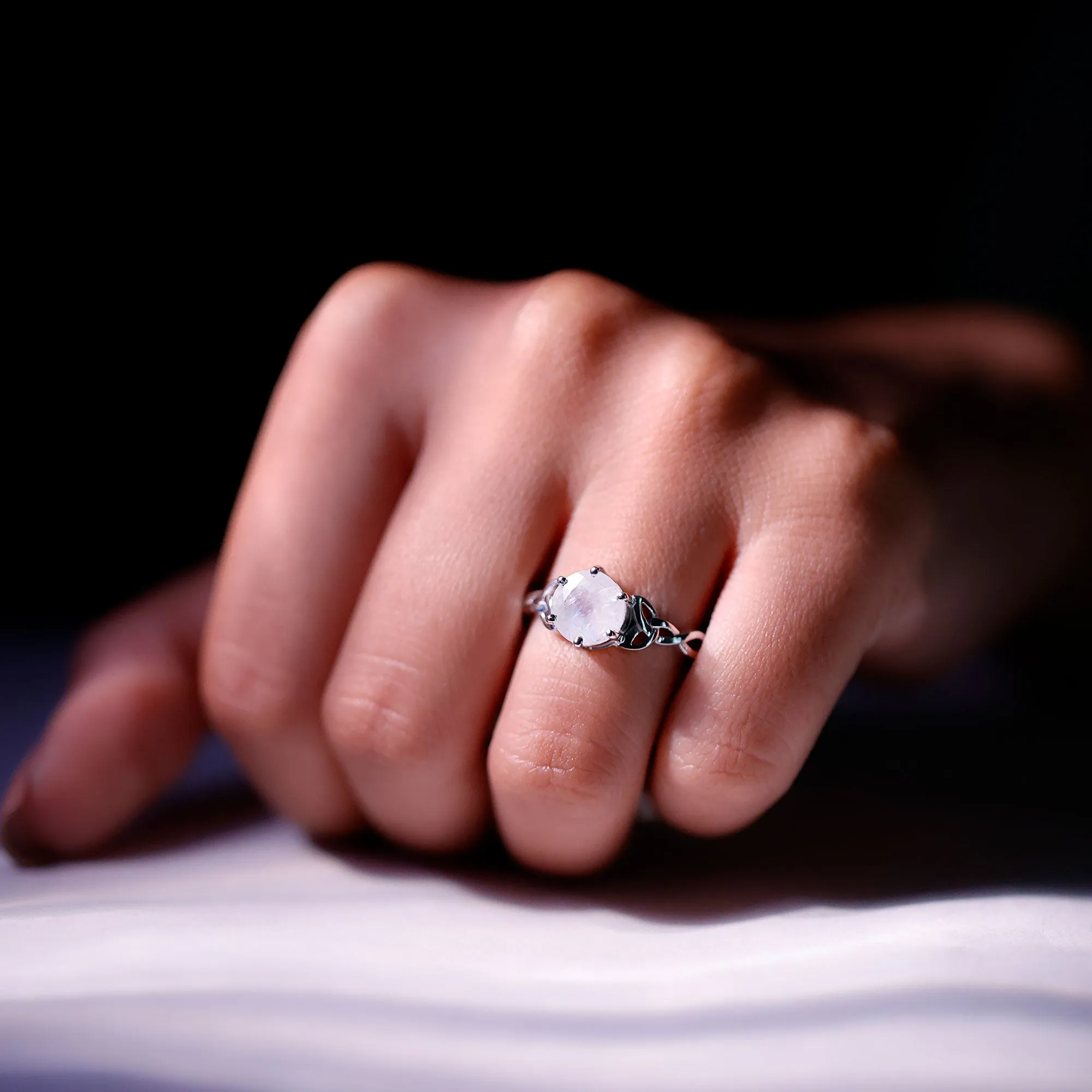 Solitaire Moonstone Celtic Engagement Ring in 6 Prong Setting