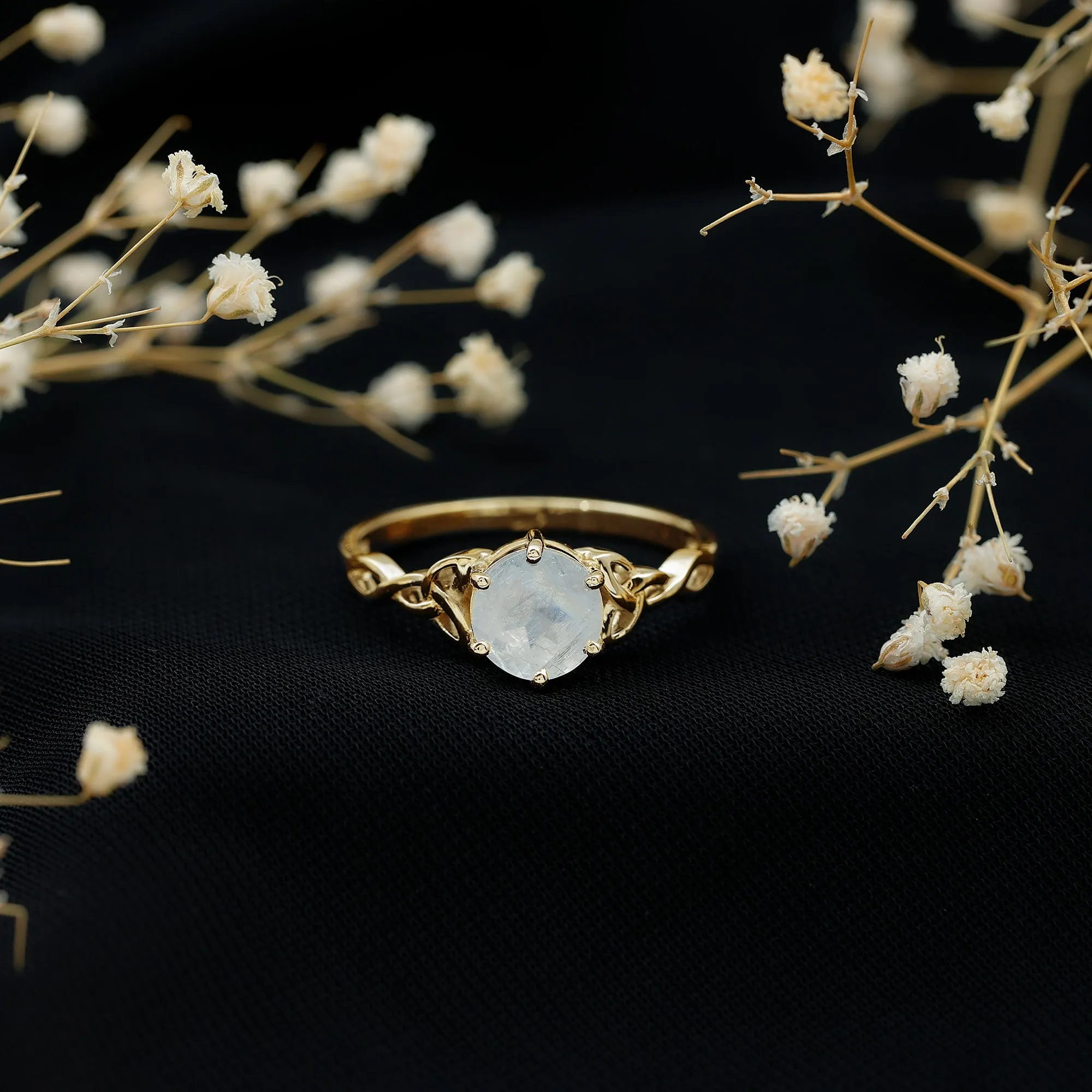 Solitaire Moonstone Celtic Engagement Ring in 6 Prong Setting
