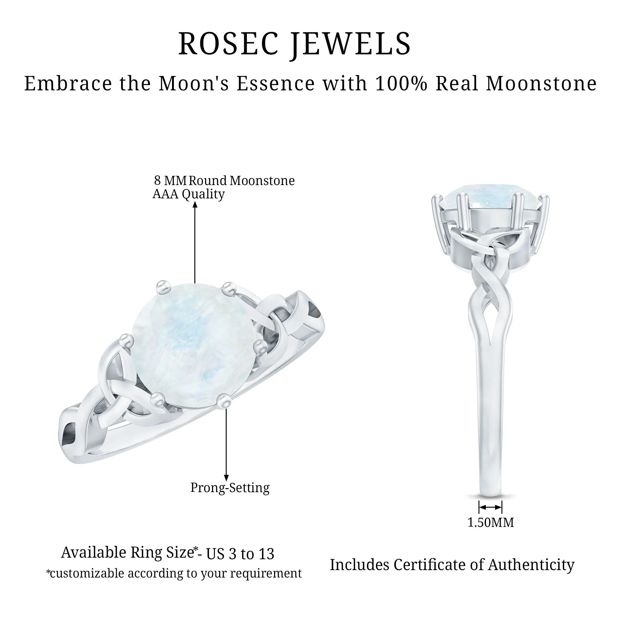 Solitaire Moonstone Celtic Engagement Ring in 6 Prong Setting