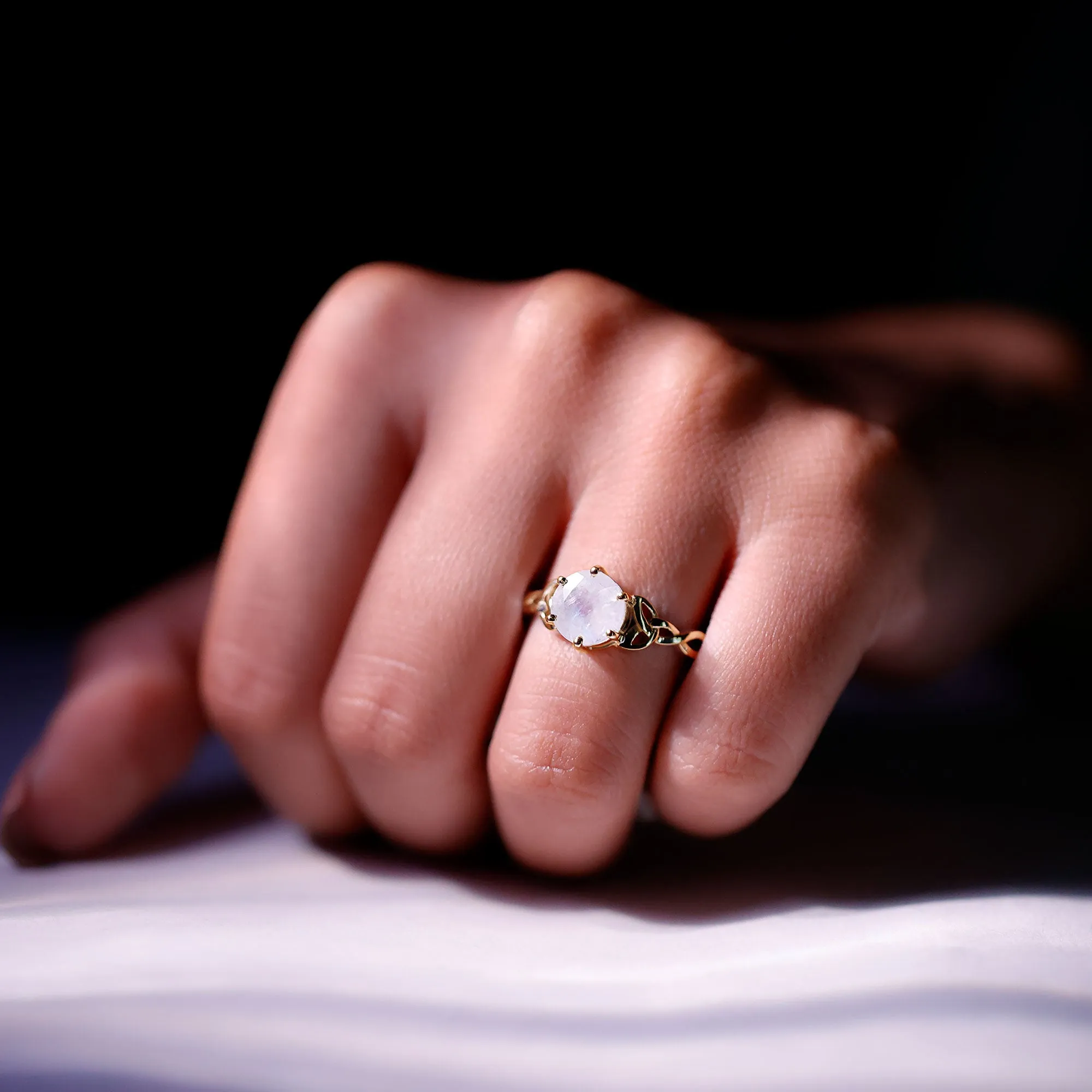 Solitaire Moonstone Celtic Engagement Ring in 6 Prong Setting