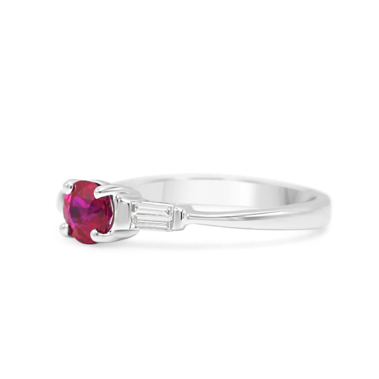 Solitaire Ruby with Baguette Diamond Shoulders 18ct Trilogy Ring