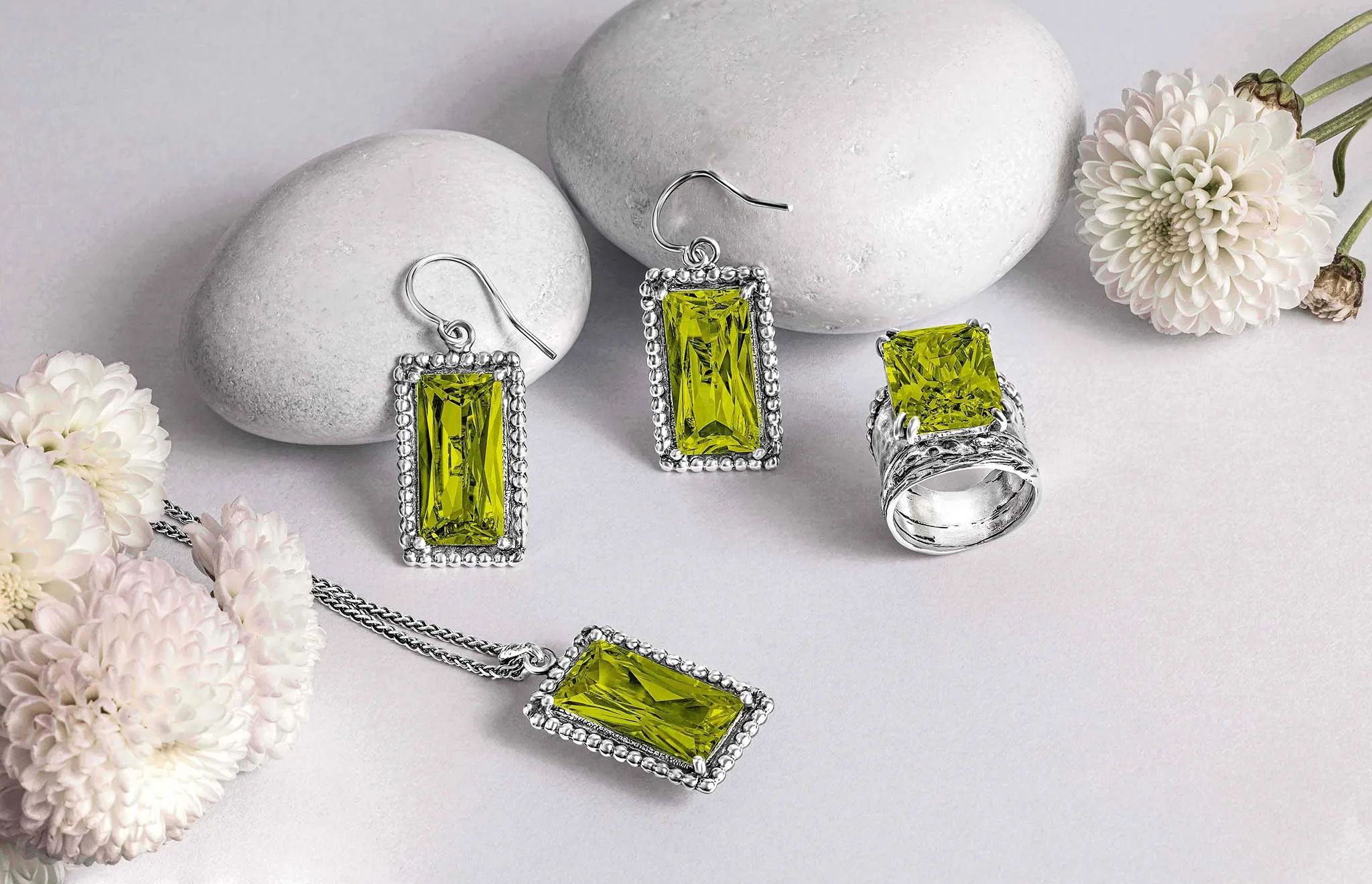Sterling Silver Peridot CZ Baguette Earrings