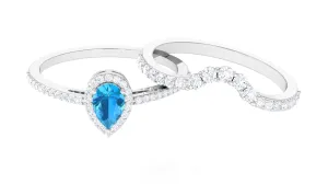 Swiss Blue Topaz Teardrop Designer Ring Set with Moissanite