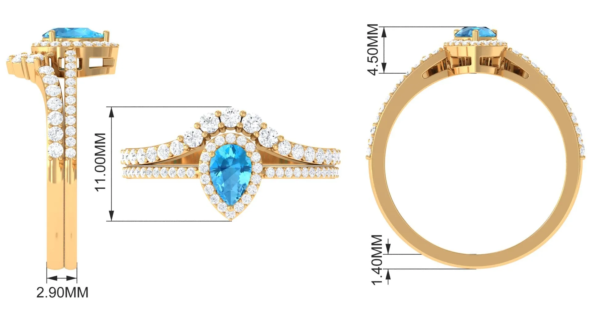 Swiss Blue Topaz Teardrop Designer Ring Set with Moissanite