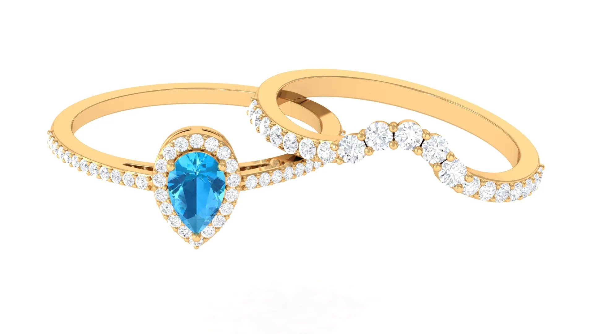 Swiss Blue Topaz Teardrop Designer Ring Set with Moissanite